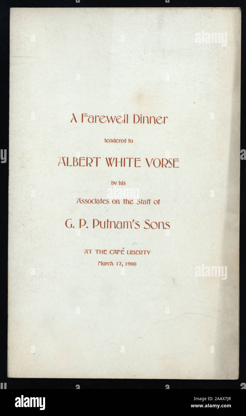Cena di arrivederci (detenute da) associa di ALBERT VORSE BIANCO SUL PERSONALE DEL GPPUTNAM I FIGLI (a) caffè LIBERTY (RESTO;) poesia originale sul coperchio anteriore interno;voci di menu non in inglese; cena di saluto [detenute da] ASSOCIATES DI ALBERT VORSE bianco sul personale di G.P.Putnam Sons [at] CAFE LIBERTY (RESTO;) Foto Stock