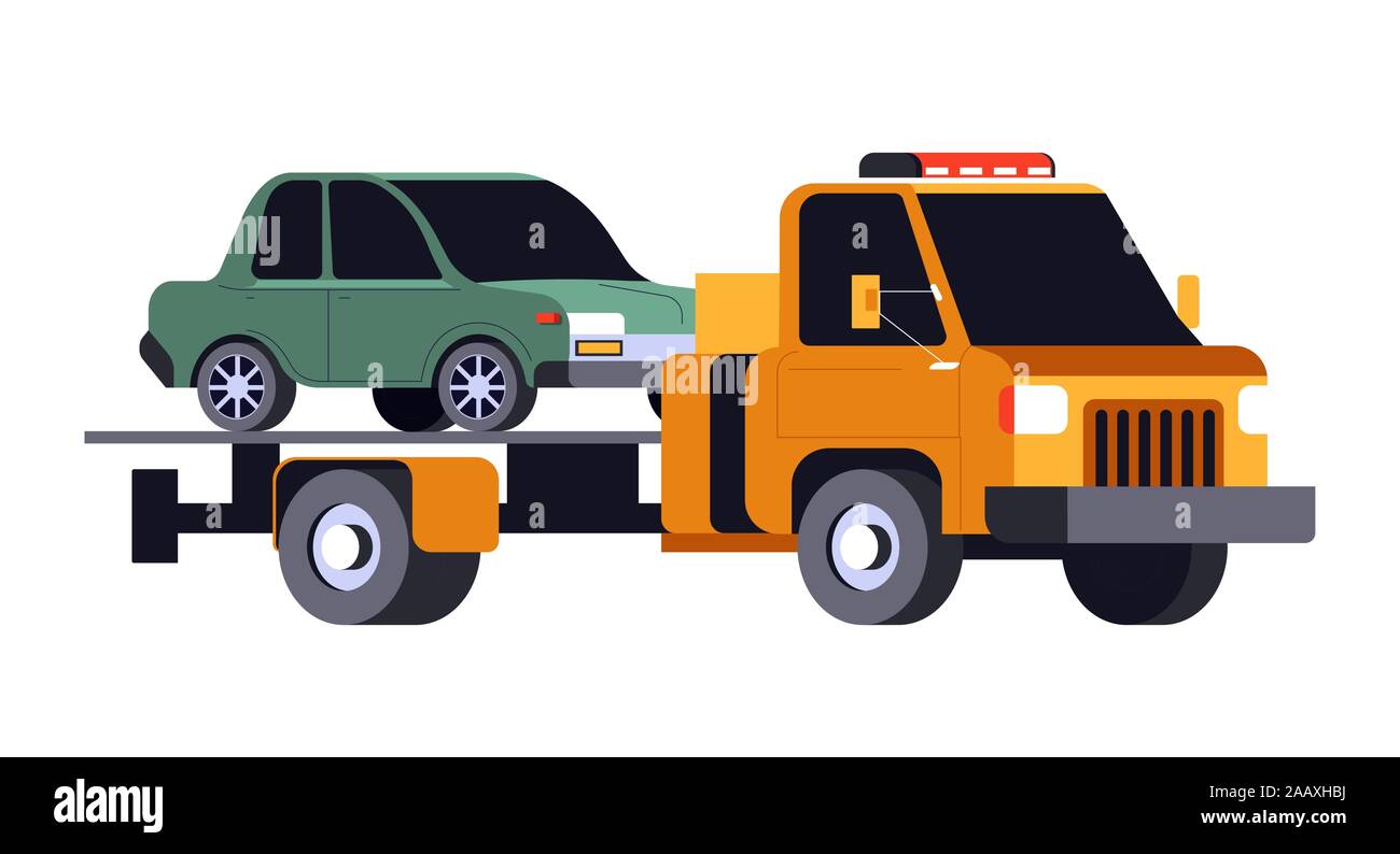 Broken auto evacuazione sul carrello di traino, assistenza stradale Illustrazione Vettoriale