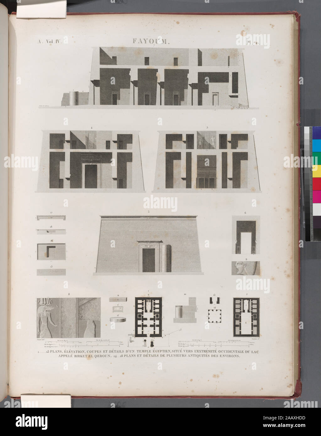 Fayoum (Fayyûm) 1-13 piani, élévation, coupes et détails d'onu égyptien tempio, situé vers l'extrémité occidentale du lac appelé Birket el-Qeroun (Birket Qarun o del lago Moeris); 14-18 Fayoum [Fayyûm]. 1-13. Piani, élévation, coupes et détails d'onu égyptien tempio, situé vers l'extrémité occidentale du lac appelé Birket el-Qeroun [Birket Qarun o del lago Moeris]; 14-18. Piani et détails de plusieurs antiquités des dintorni.; Fayoum [Fayyûm]. 1-13. Piani, élévation, coupes et détails d'onu égyptien tempio, situé vers l'extrémité occidentale du lac appelé Birket el-Qeroun [Birket Qarun, o L Foto Stock