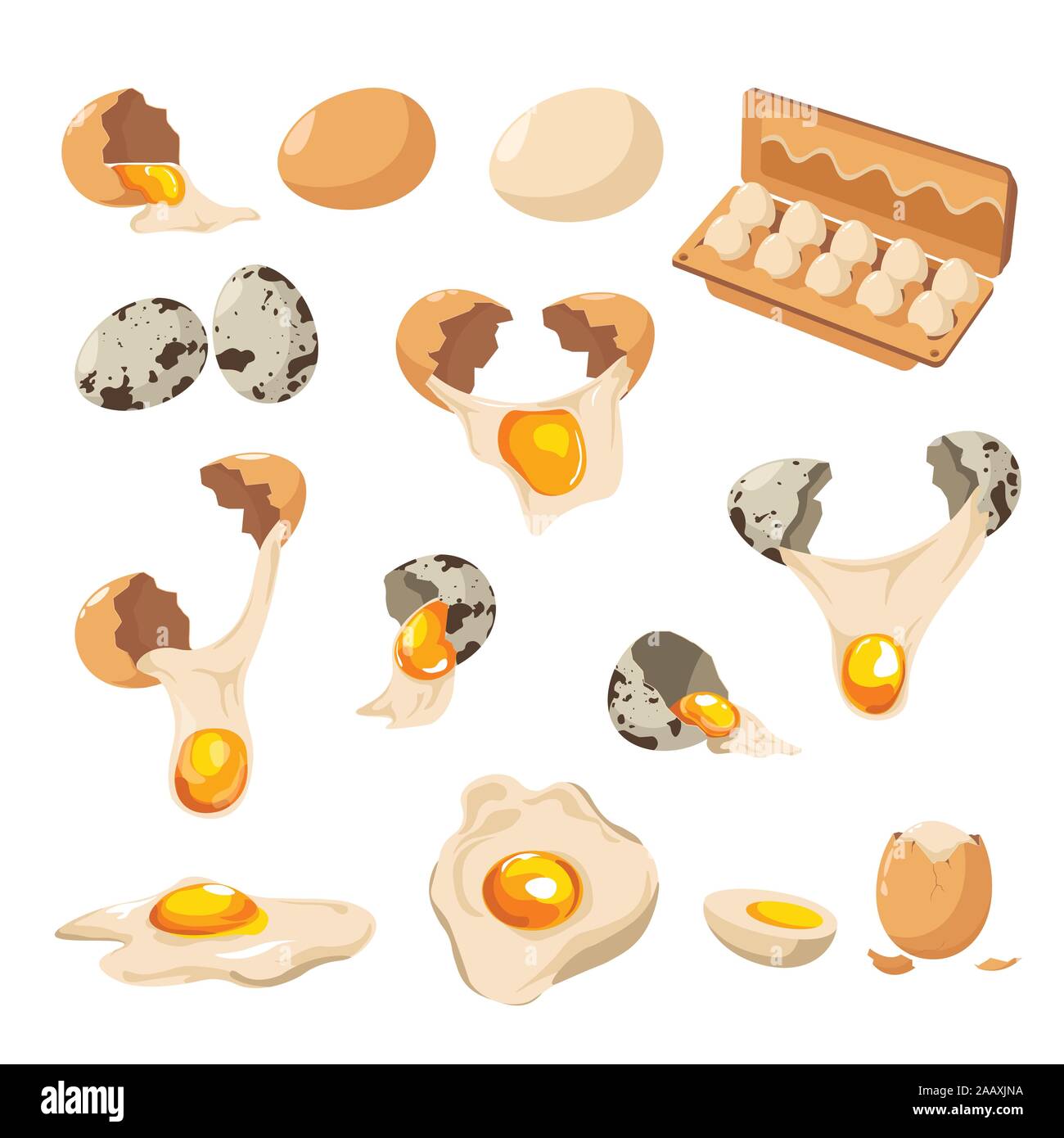 Uova di pollo e quaglie, incrinature del guscio e tuorlo icone isolato Illustrazione Vettoriale