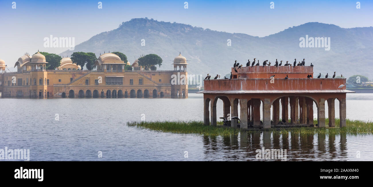 Panorama della Jal Mahal Palace di acqua nel lago vicino a Jaipur, India Foto Stock