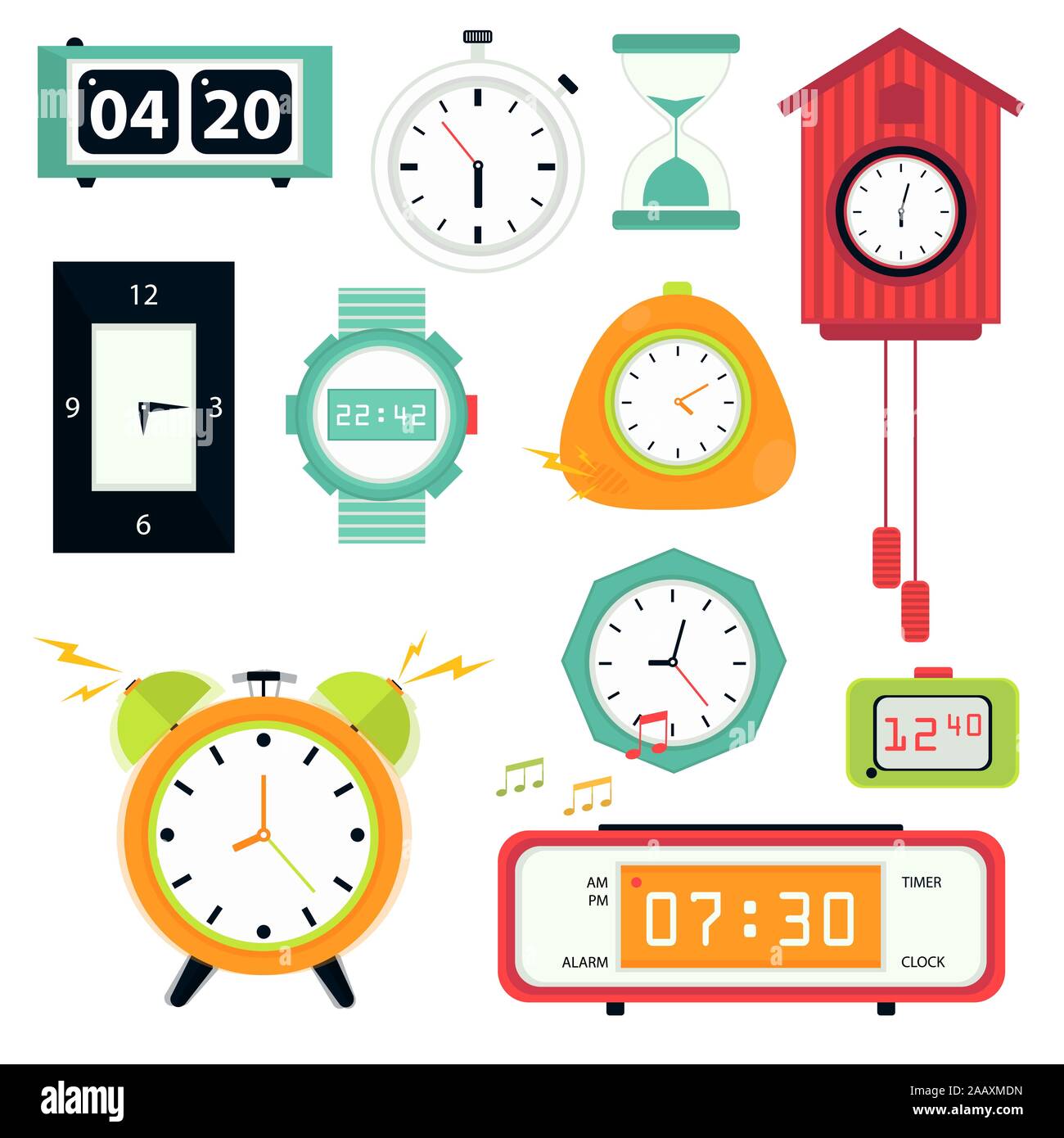 Guardare e orologio, il cronometro o il timer e Clessidra icone isolato Illustrazione Vettoriale