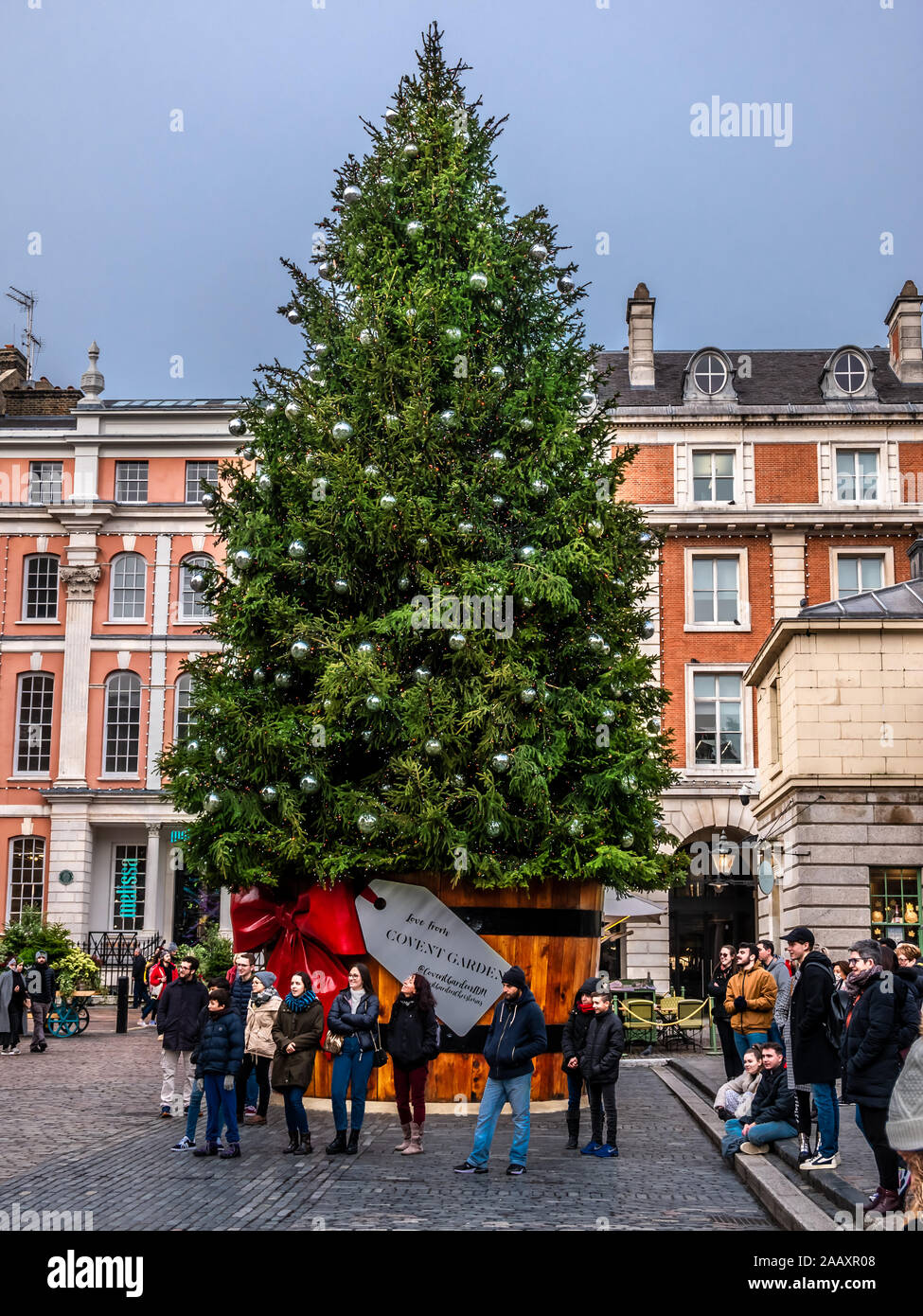 London, England, Regno Unito - 15 Novembre 2019: Natale scena all'aperto con la gente intorno decorate albero nella piazza principale di Covent Garden in inverno holi Foto Stock
