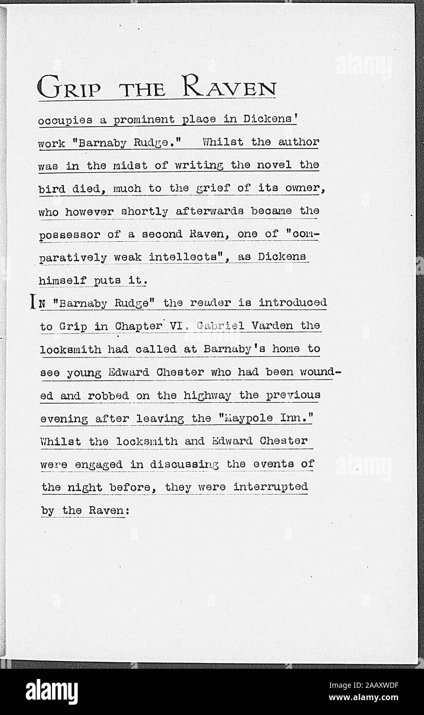 Fletcher, Angus ALS A si riferisce alla morte di grip, raven in Dickens' Barnaby Rudge dattiloscritte con passaggio del libro trattano la Raven 1841 giugno 15 Fletcher, Angus. Sensore ALS. Si riferisce alla morte di grip, raven in Dickens' Barnaby Rudge. Con dattiloscritte passaggio del libro trattano la Raven 1841 giugno 15; Fletcher, Angus. Sensore ALS. Si riferisce alla morte di grip, raven in Dickens' Barnaby Rudge. Con dattiloscritte passaggio del libro trattano la Raven 1841 giugno 15 Foto Stock