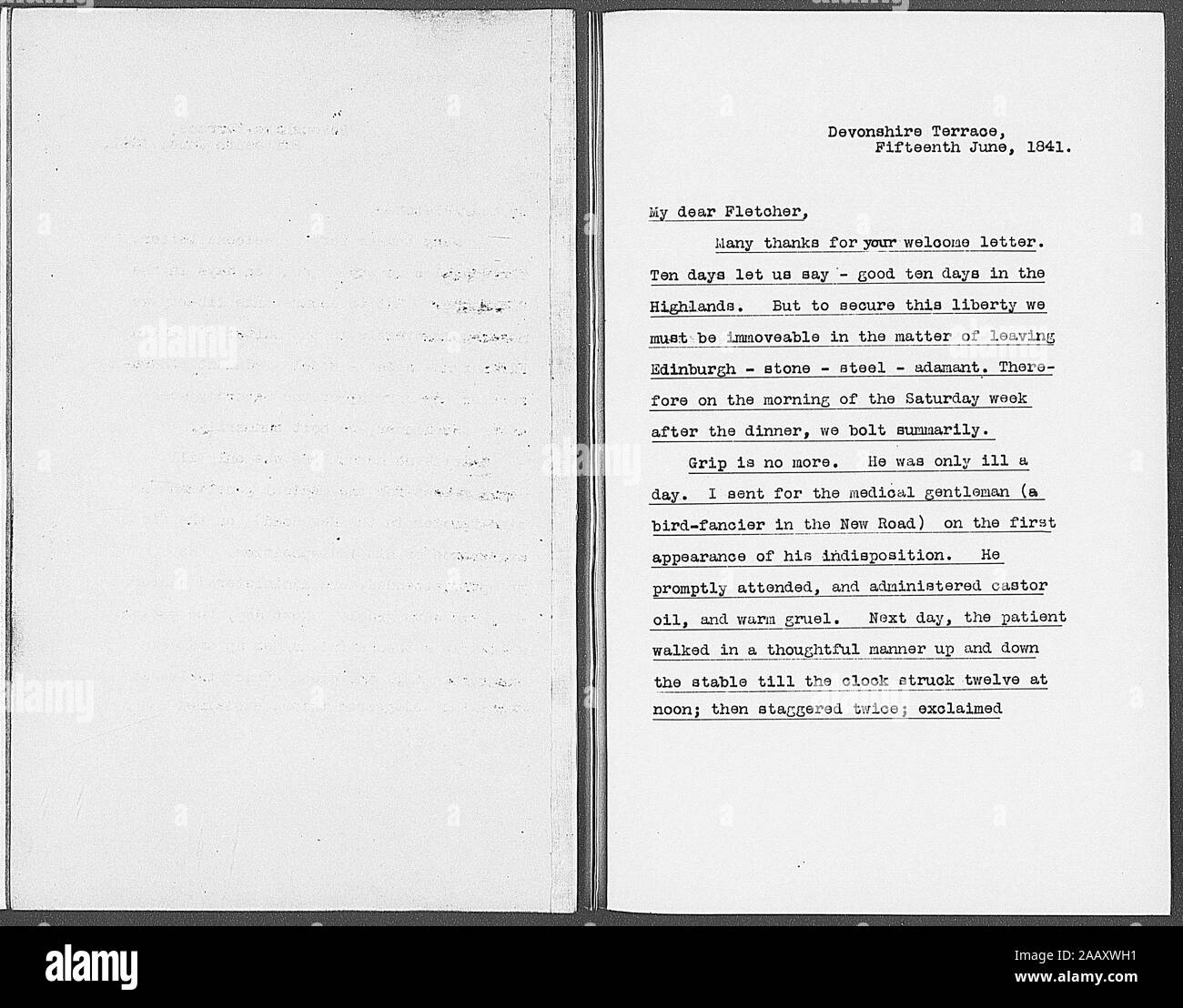 Fletcher, Angus ALS A si riferisce alla morte di grip, raven in Dickens' Barnaby Rudge dattiloscritte con passaggio del libro trattano la Raven 1841 giugno 15 Fletcher, Angus. Sensore ALS. Si riferisce alla morte di grip, raven in Dickens' Barnaby Rudge. Con dattiloscritte passaggio del libro trattano la Raven 1841 giugno 15; Fletcher, Angus. Sensore ALS. Si riferisce alla morte di grip, raven in Dickens' Barnaby Rudge. Con dattiloscritte passaggio del libro trattano la Raven 1841 giugno 15 Foto Stock