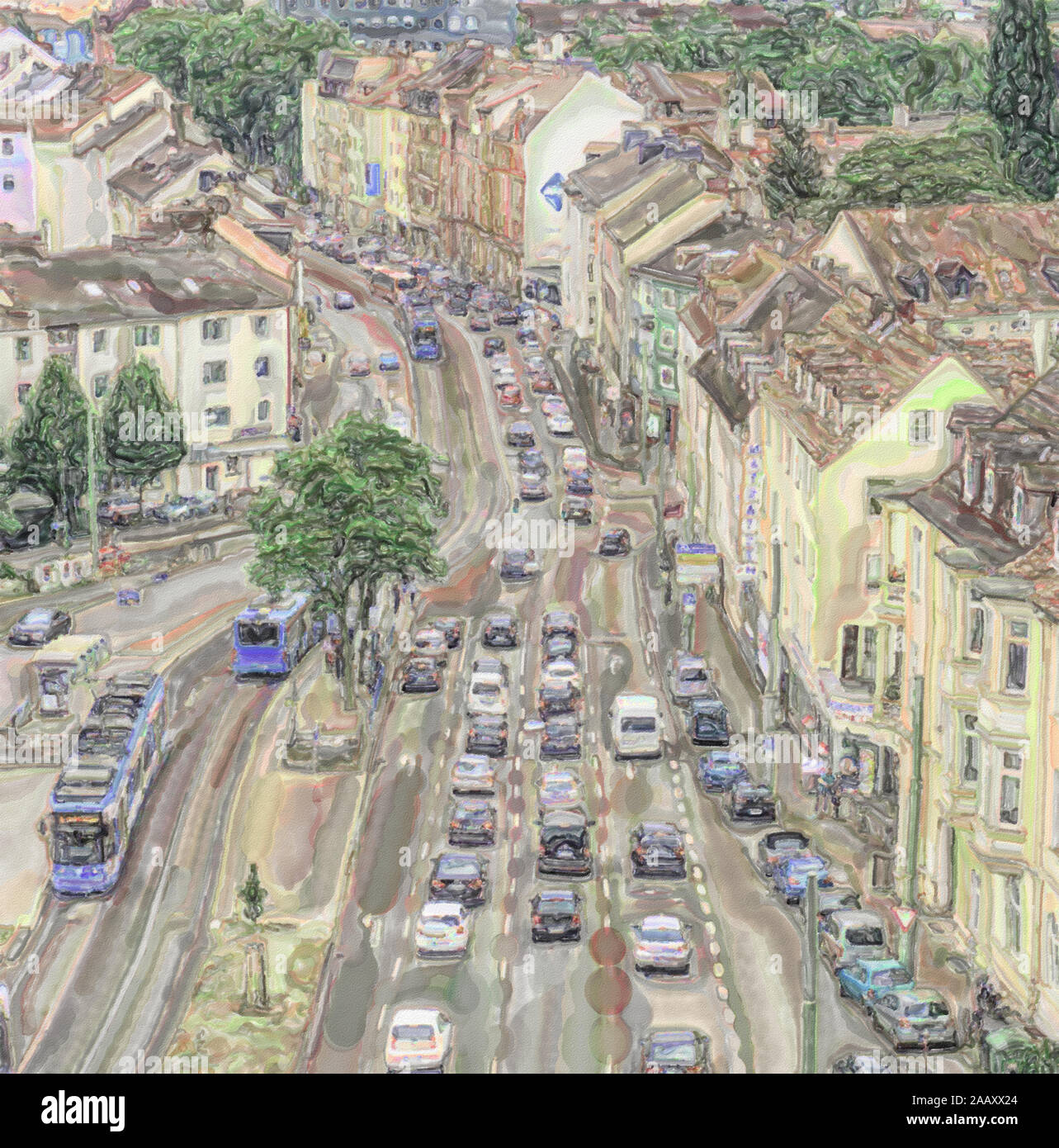 Acquerello immagine: vista dall'alto del traffico vicino al centro della città di Kassel, vetture in più righe Foto Stock