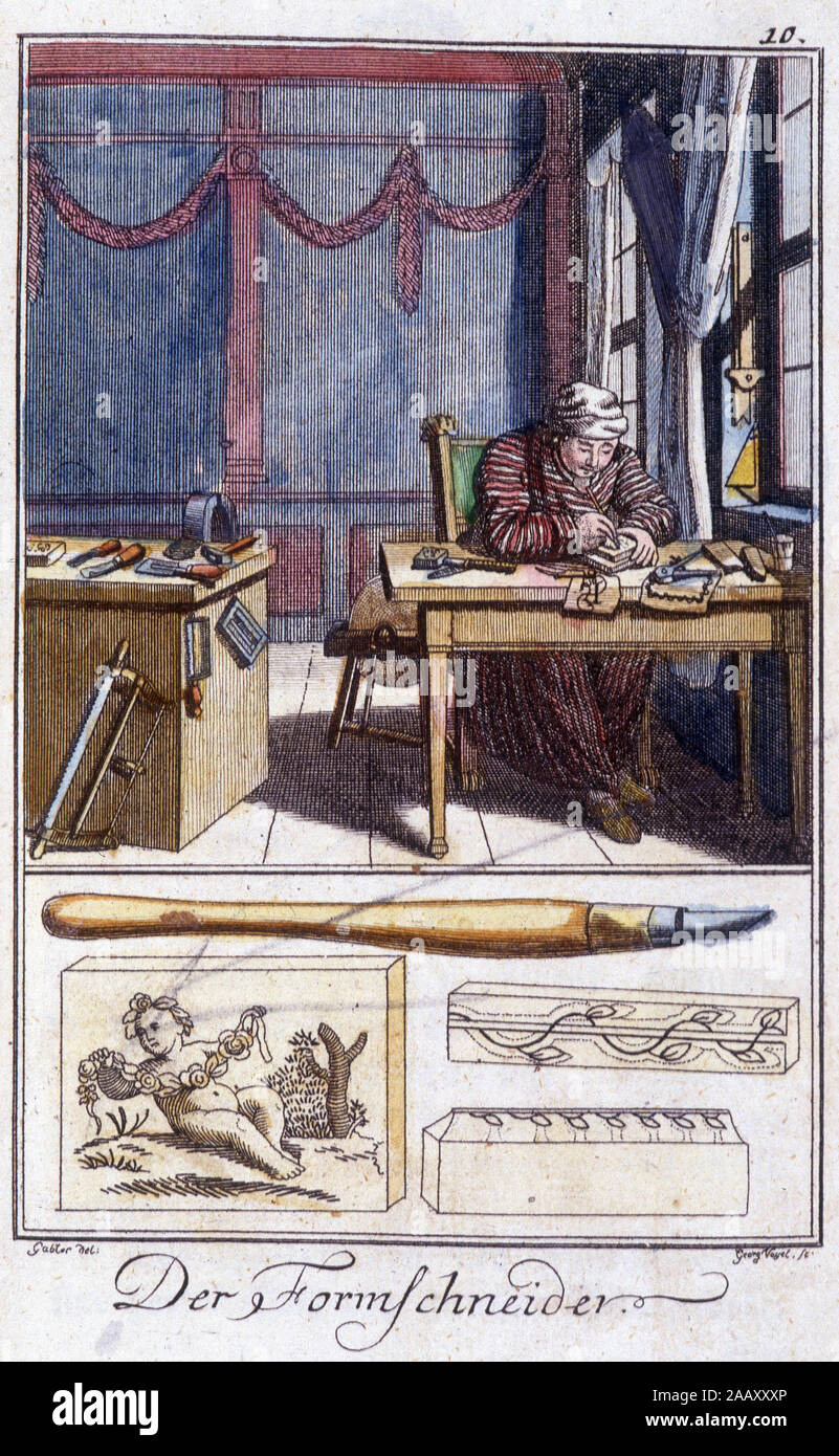 Artigianali Metier : le graveur sur bois (et ses outils de travail) dans son atelier. In 'Descrizione esaustivo des Arts et Metiers et des ateliers a l Foto Stock