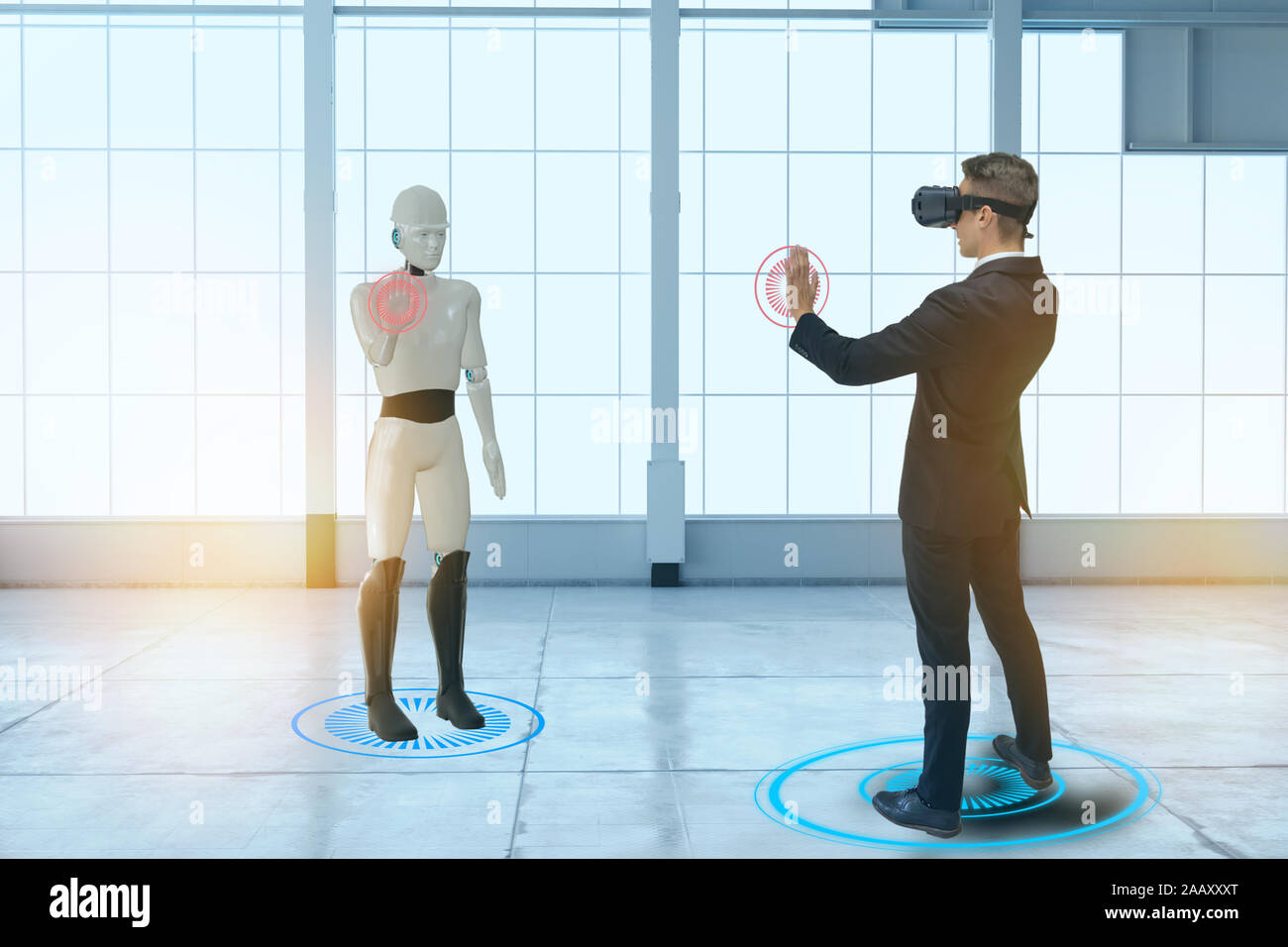 Uso tecnico augmented misti di realtà virtuale per il comando del robot sposta prototipo di per disinnescare bombe, lavorare all'interno di un danneggiato impianto nucleare ope Foto Stock