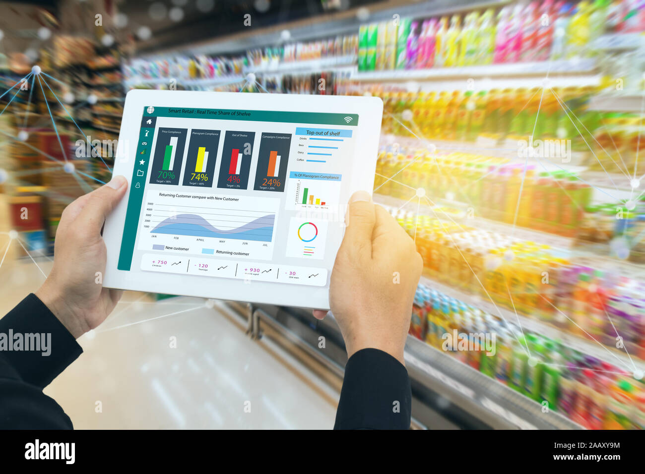 Iot smart retail nel futuristico concetto, il dettagliante tenere il tablet e utilizzare la realtà aumentata technology monitor dati di fuori di accantonare, prezzo, pl Foto Stock