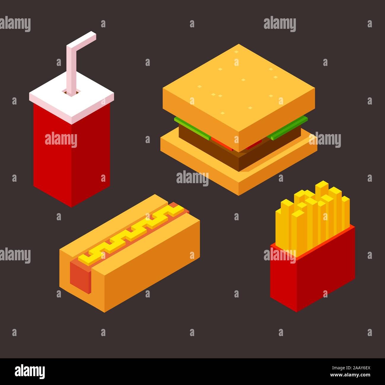 3D isometrica prodotti fast food. Hamburger, hot dog, soda e patatine  fritte. Bassa poli stile voxel illustrazione vettoriale set Immagine e  Vettoriale - Alamy