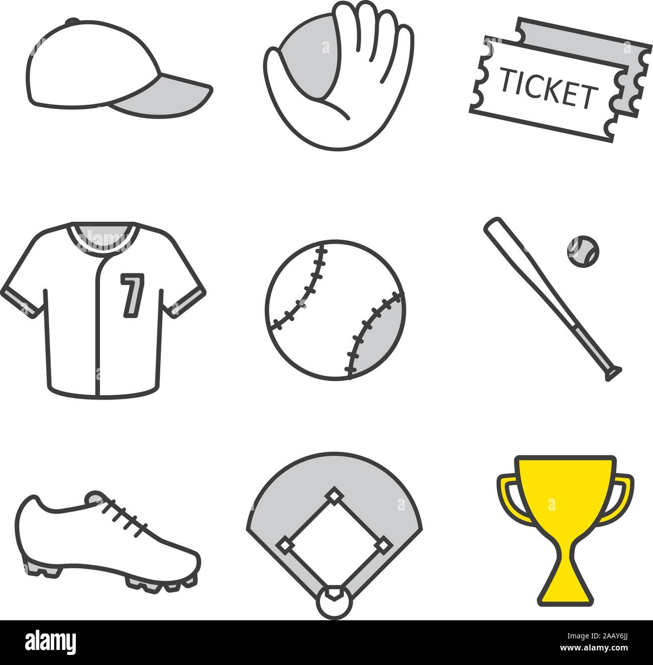 Attrezzatura da baseball lineare set di icone. Softball giocatore