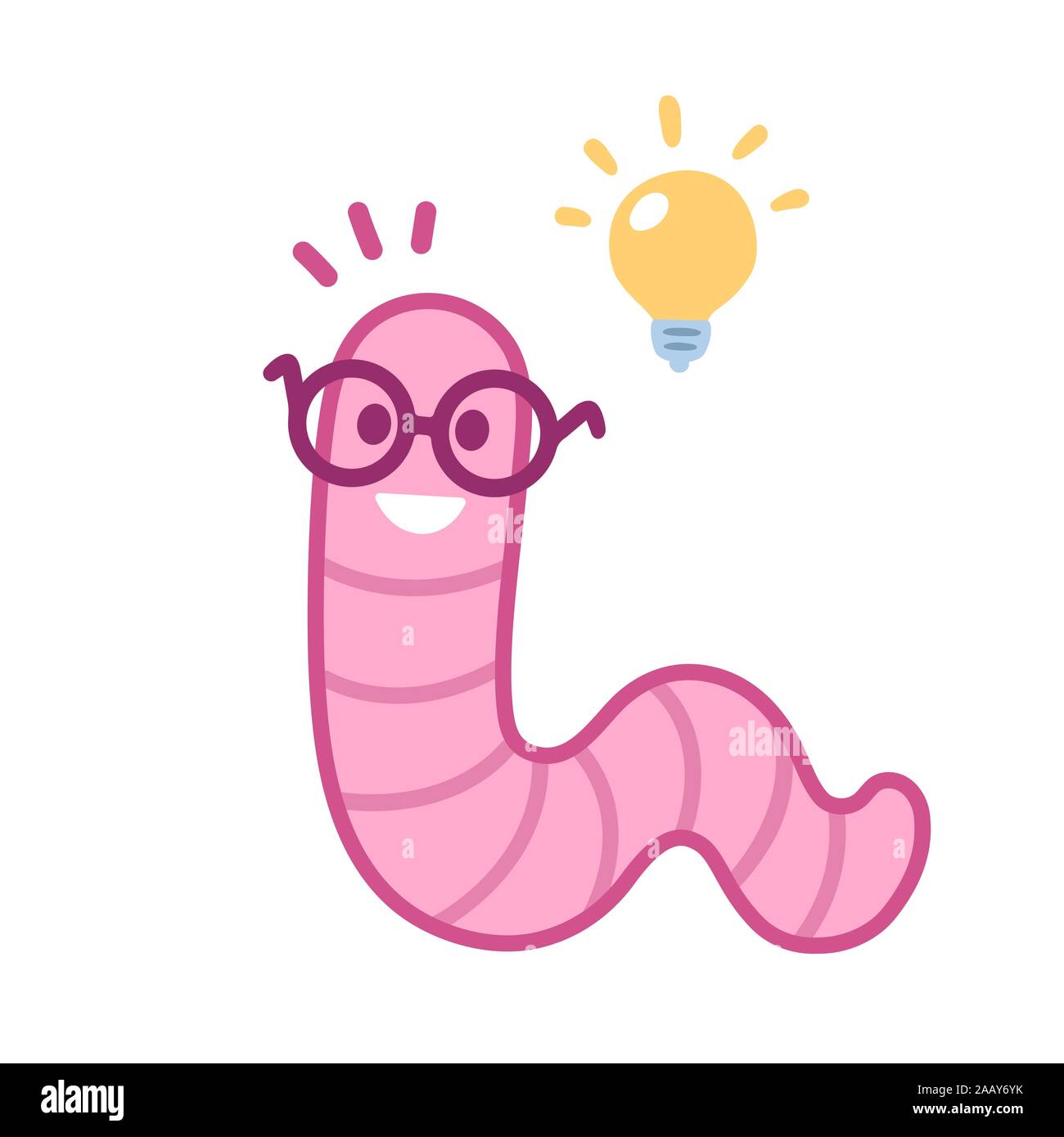 Cartoon carino Bookworm disegno. Poco sorridente worm con bicchieri e idea lampadina. Smart bambini mascotte, vettore semplice clip art illustrazione. Illustrazione Vettoriale