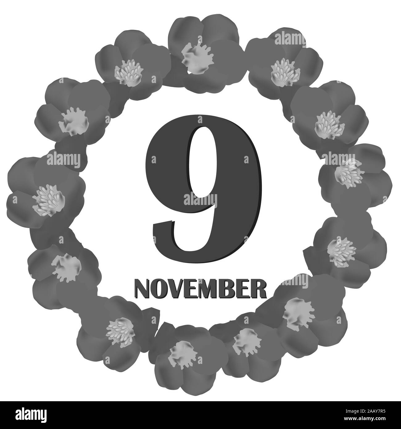 Novembre 9 icona. Per la pianificazione di importanti giorno. Banner per i giorni festivi e giorni speciali. Immagine in bianco e nero e a colori. Foto Stock