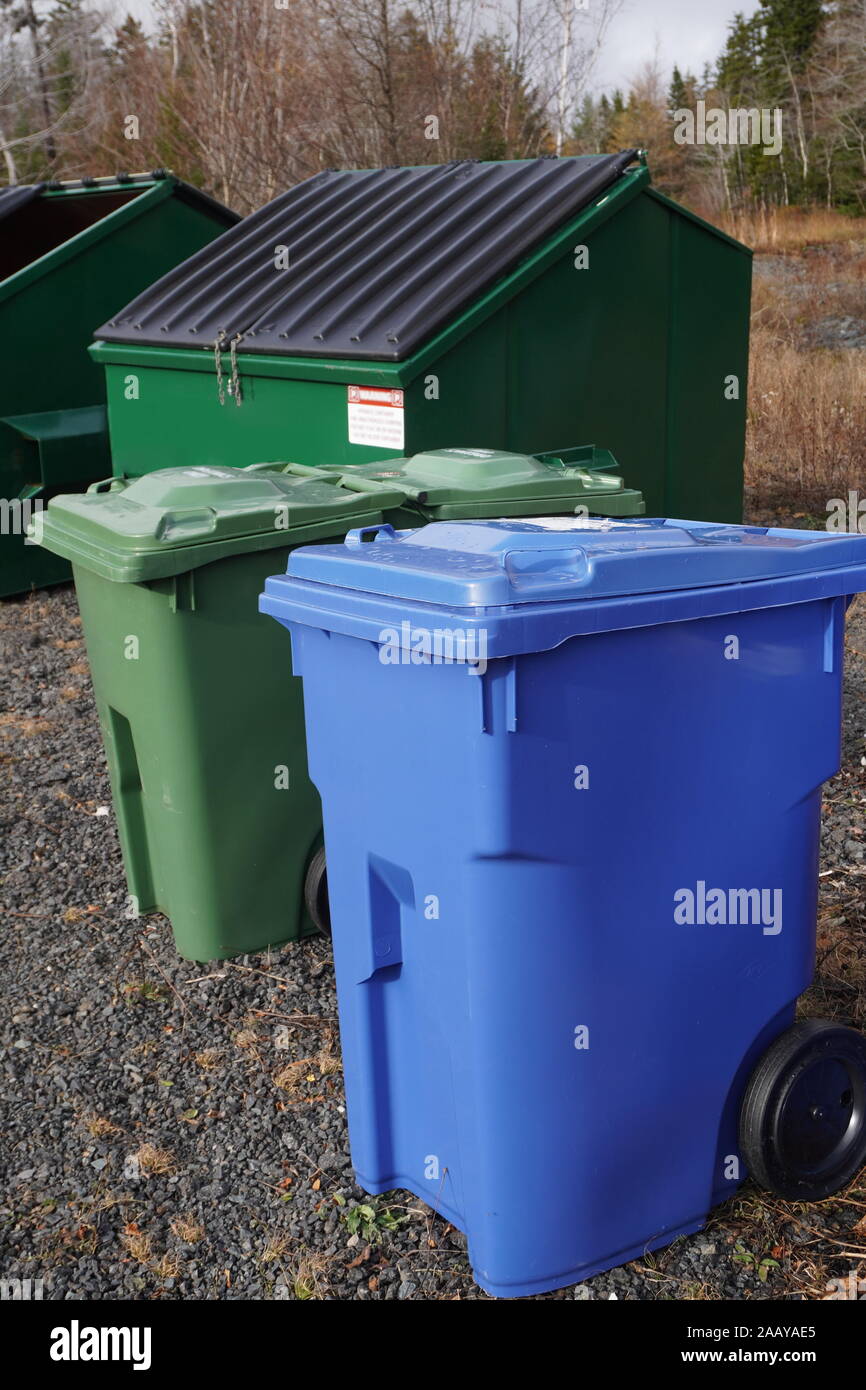 Cassone blu per la carta verde e scomparto per composti organici, di fronte a due arge verde commerciale cassonetti Foto Stock