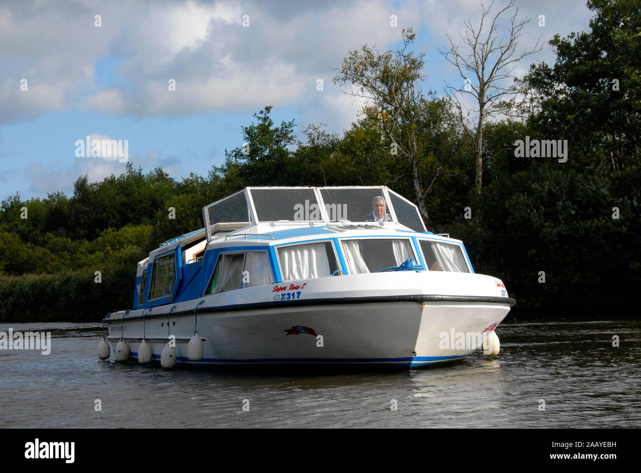 Barca a motore sul fiume Ant, Norfolk Broads, Inghilterra Foto Stock