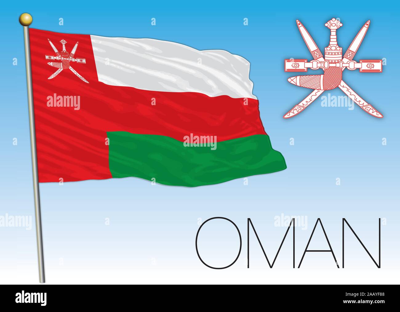 Oman ufficiale di bandiera nazionale e stemma, illustrazione vettoriale Illustrazione Vettoriale