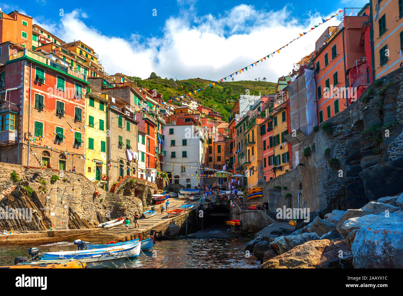 Vista di Riomaggiore. Cinque Terre, Italia Foto Stock