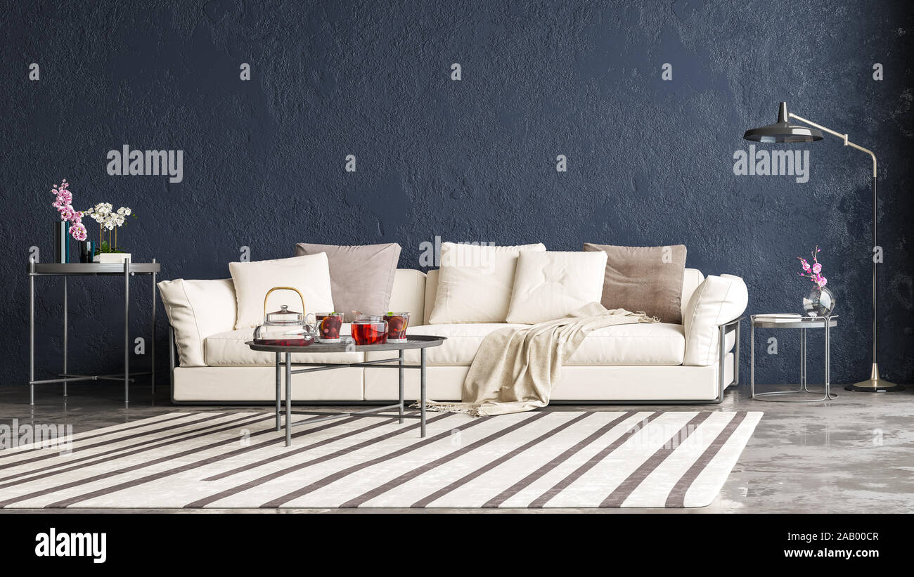 Design moderno degli interni di un soggiorno in un appartamento, casa, ufficio, divano confortevole, moderno e luminoso dettagli interni e luce dalla finestra sul Foto Stock