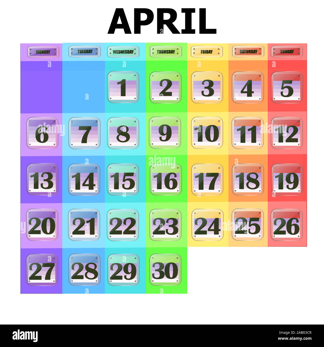 Calendario colorate per aprile 2020 in inglese. Set di pulsanti con le date del calendario per il mese di aprile. Per la pianificazione di importanti giorni. Banner per i giorni festivi e giorni speciali. Illustrazione. Foto Stock