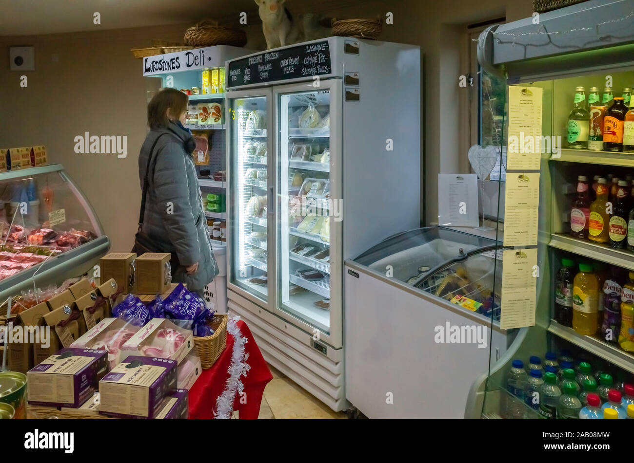 Donna shopping in un piccolo negozio di specialità gastronomiche con lo specialista preparato cibo refrigerato Foto Stock
