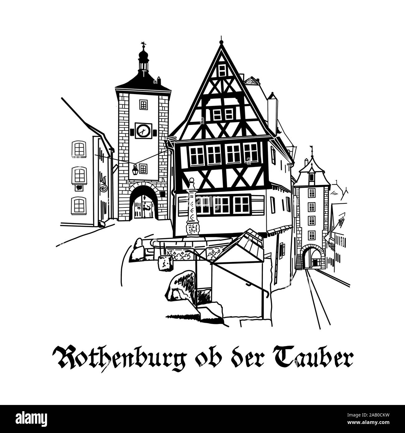 Old Street a Rothenburg ob der Tauber città della Baviera, Germania. Mano bozzetto illustrazione Foto Stock