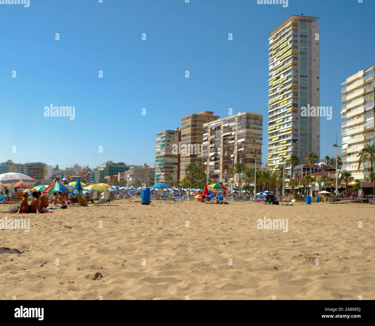 Benidorm, Spagna - 13 Settembre 2011: lucertole da mare lounge sulla sabbia sotto il torreggiante hotel di Benidorm fronte mare Foto Stock