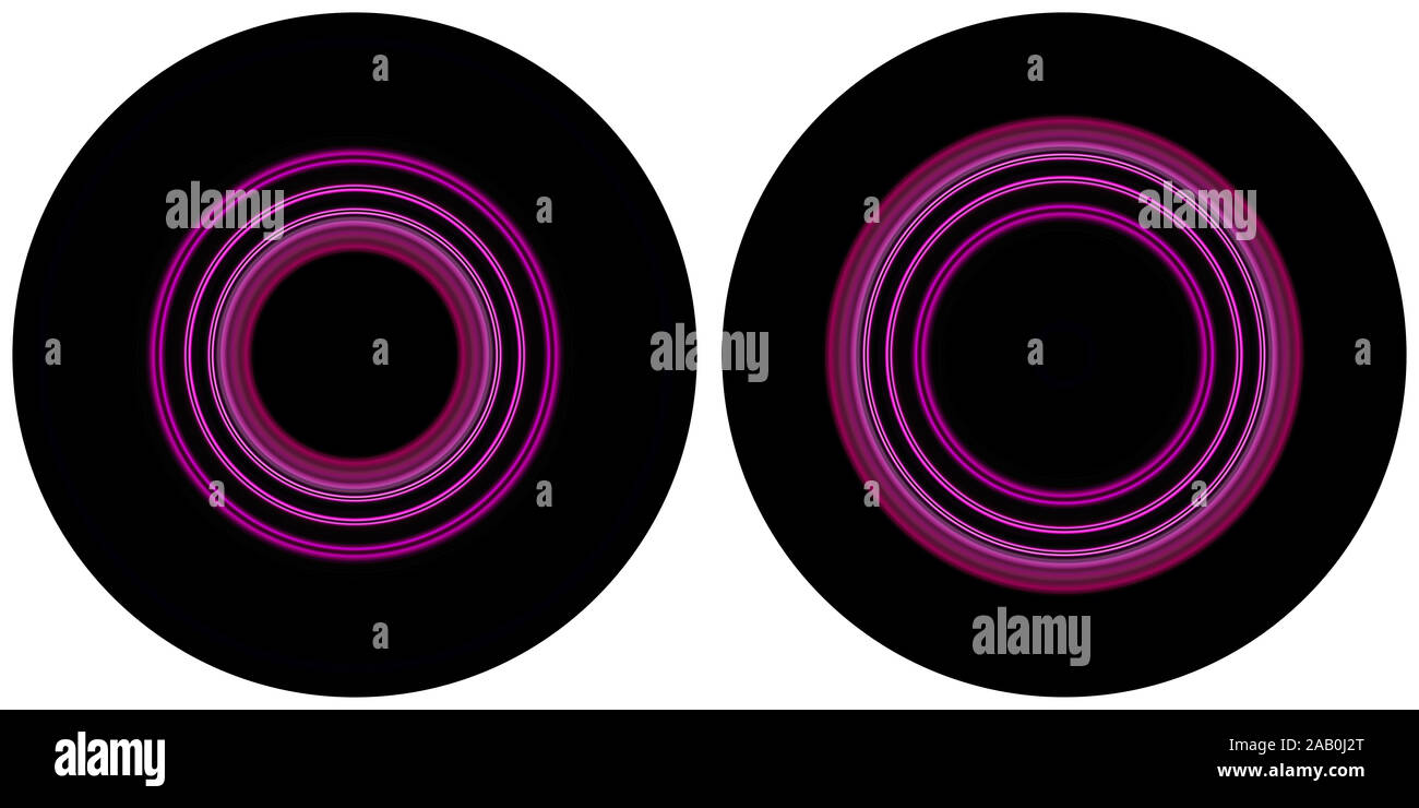 Set di 2 luminose astratta cerchi colorati isolati su sfondo bianco. Linee circolari , a strisce radiali texture in toni di viola. Rotondi Foto Stock