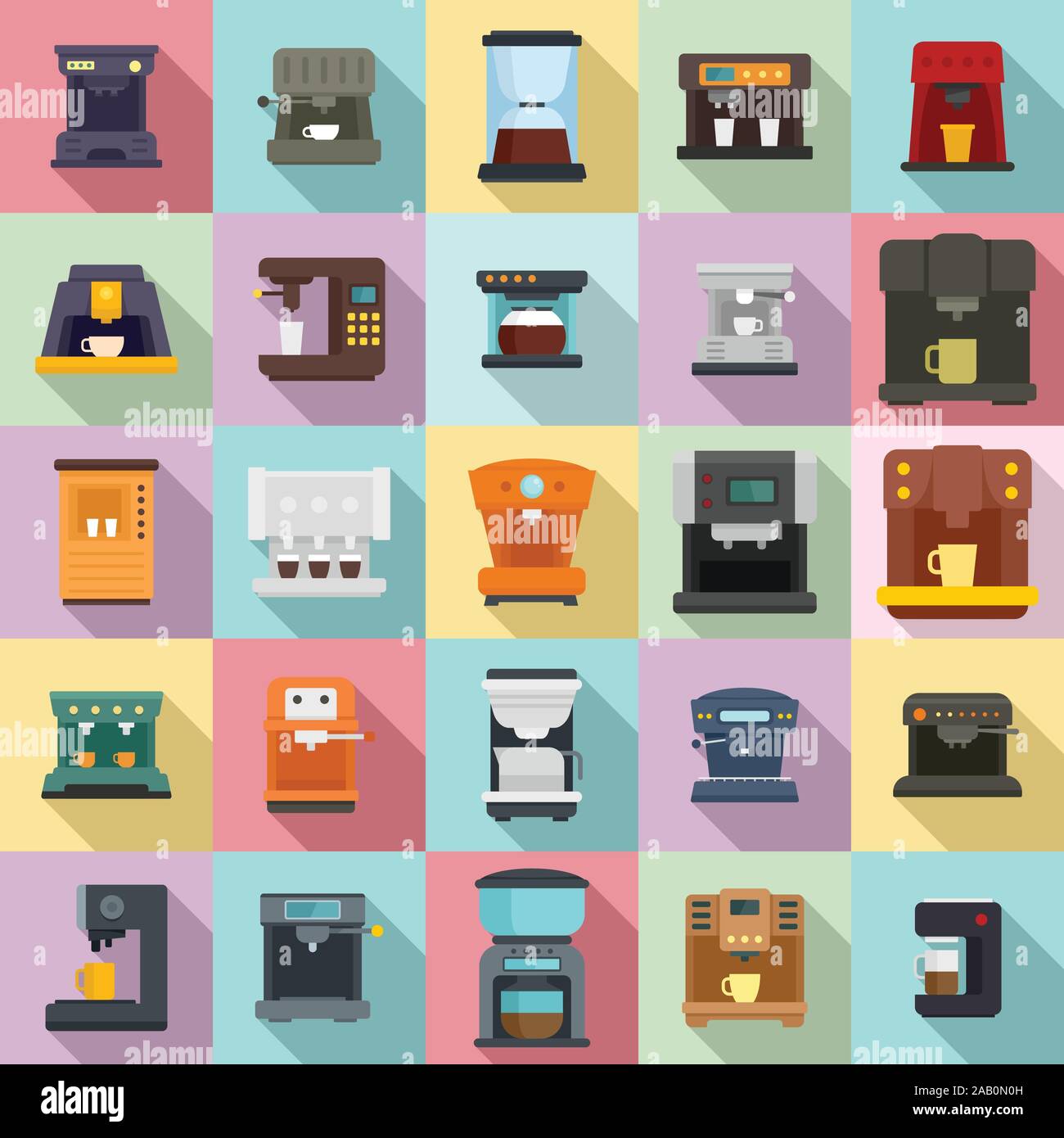 Macchina da caffè set di icone. Set piatto di macchina per caffè icone vettoriali per il web design Illustrazione Vettoriale