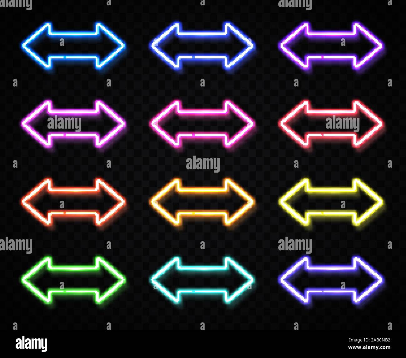 Neon segno di freccia su sfondo scuro. Puntatore di luce. Illustrazione Vettoriale