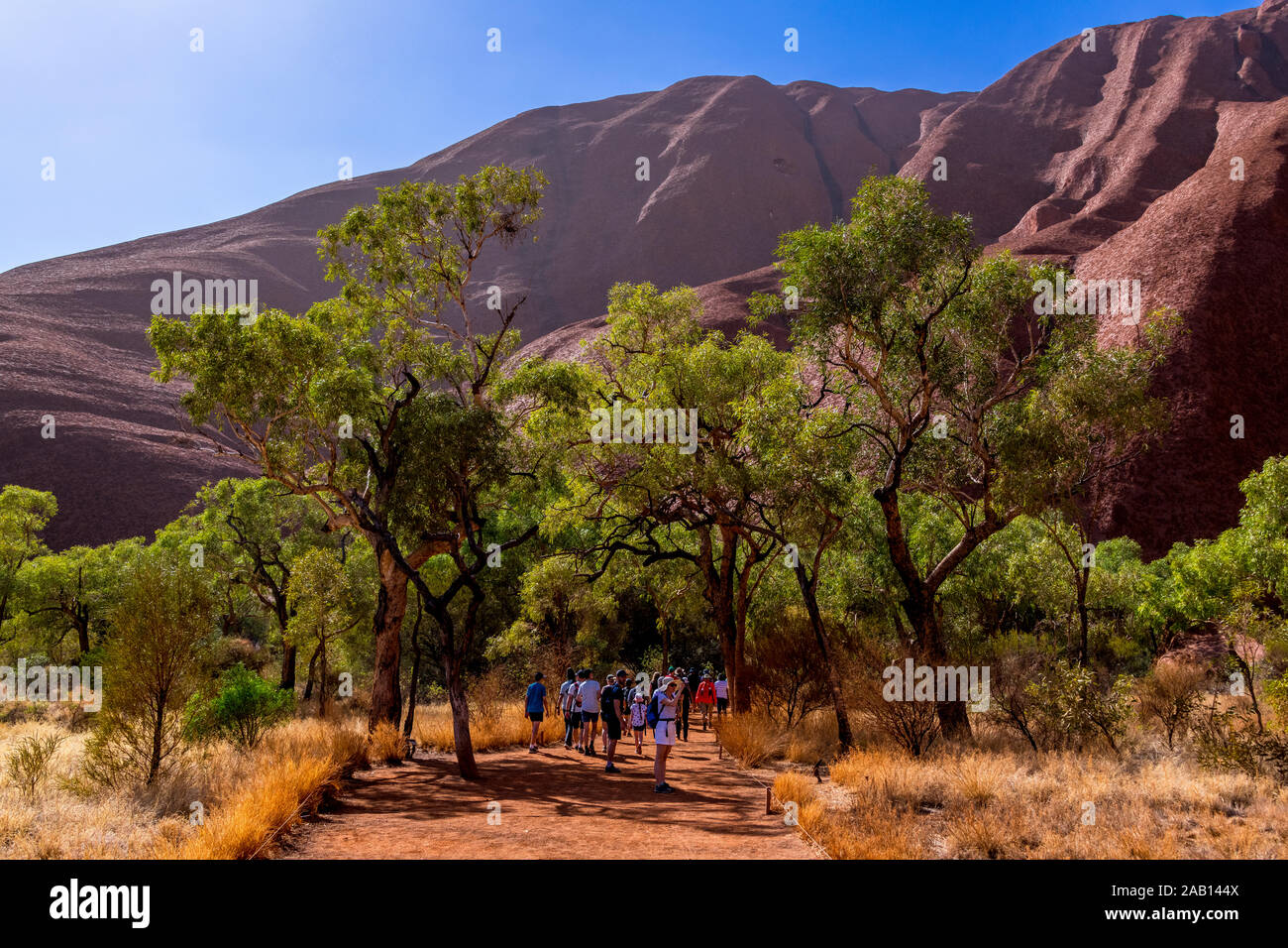 I turisti lungo un ranger guidato la passeggiata Mala dal parcheggio di Mala verso la Gola Kantju lungo la base di Uluru (Ayres Rock).Territorio del Nord, l'Australia Foto Stock