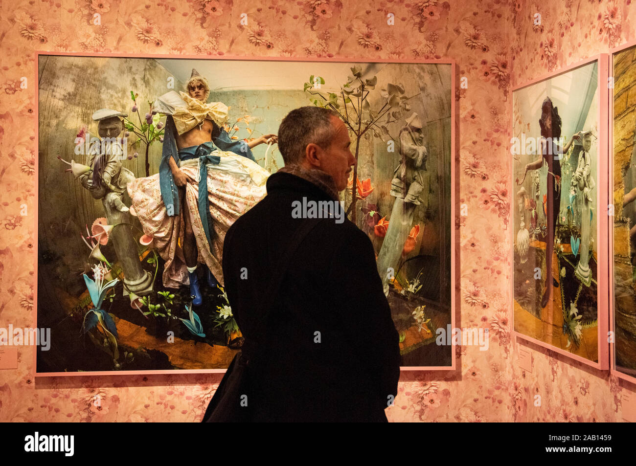 Uomo che guarda in mostra a Tim Walker " cose meravigliose" mostra al V & A Museum, Nov 2019. South Kensington, Londra, Inghilterra, Regno Unito. Foto Stock