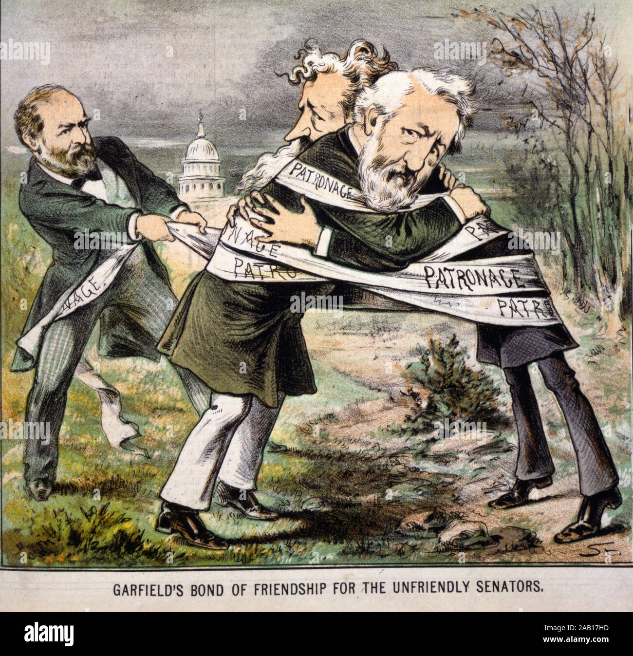 Garfield il legame di amicizia per il scortese senatori, James Garfield nastro di incarto "patrocinio' intorno a James Blaine e Roscoe Conkling. Cartoon politico, 1881 Foto Stock