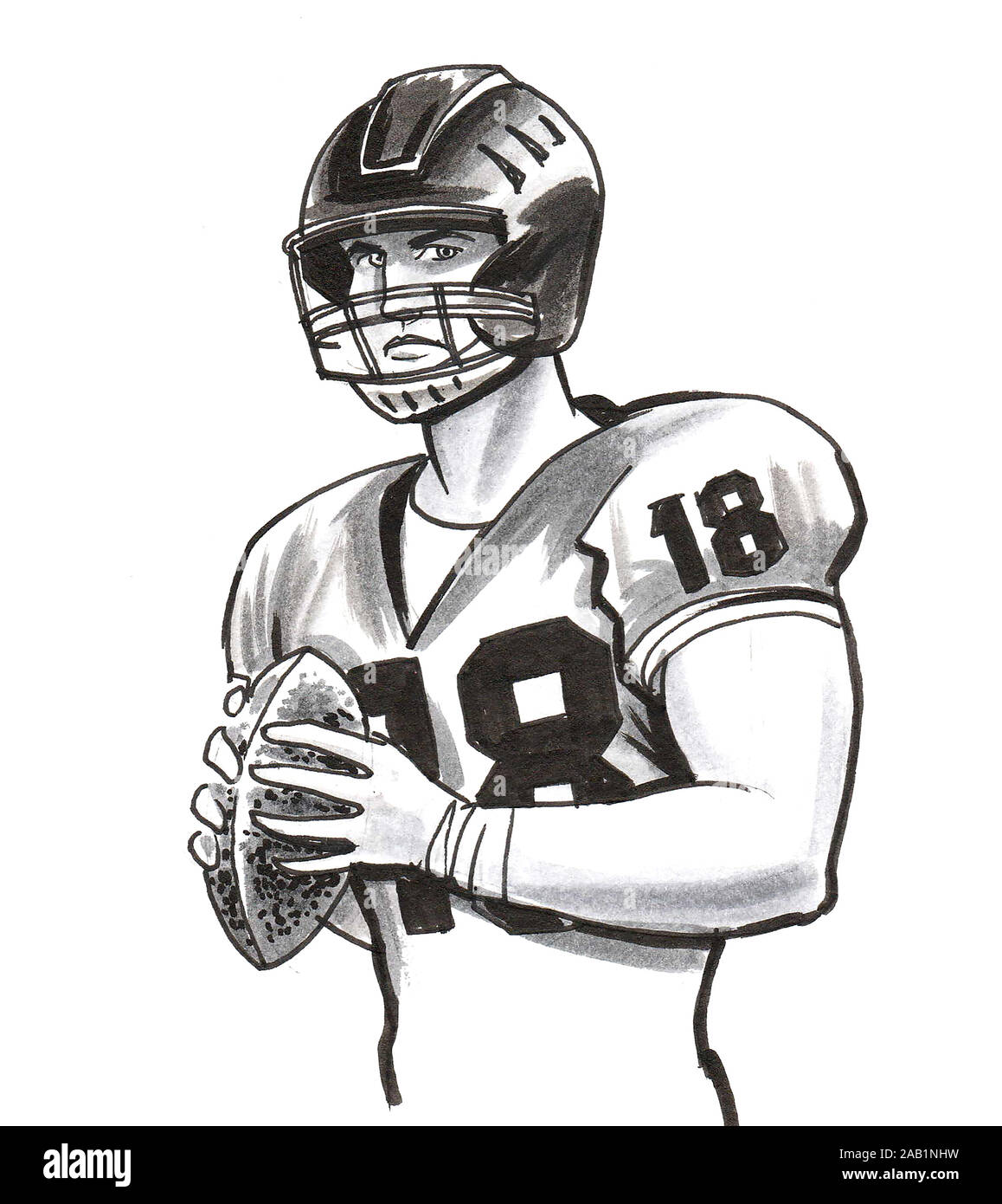 Giocatore di football americano con una sfera. L'inchiostro bianco e nero disegno Foto Stock