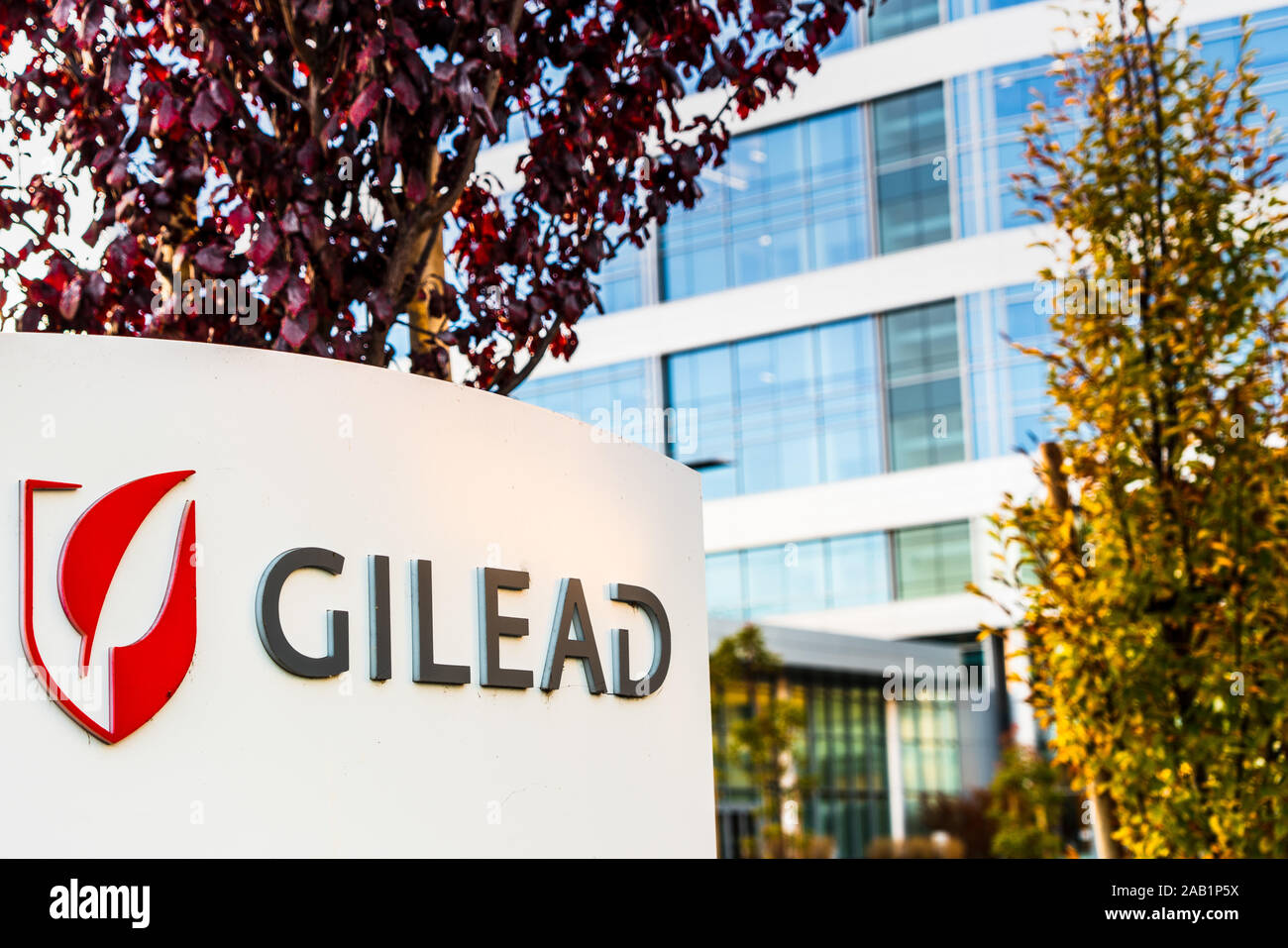 Nov 23, 2019 Foster City / CA / STATI UNITI D'AMERICA - Galaad sede nella Silicon Valley; Gilead Sciences, Inc. è un Americano società biotecnologica che ricerche Foto Stock