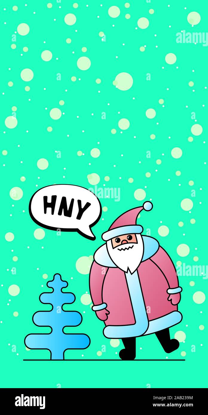 Carino cartone animato divertente kawaii Babbo Natale carattere per Natale e felice celebrazione del nuovo anno. Biglietto d'auguri per le vacanze in abete rosso e neve d'inverno per il banner della storia del blogger. Illustrazione vettoriale Illustrazione Vettoriale