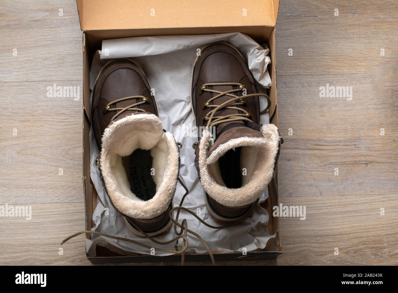 Nuova pelle marrone isolata scarponi invernali con membrana e pelliccia.  nella casella vista dall'alto. Lay piatto Foto stock - Alamy