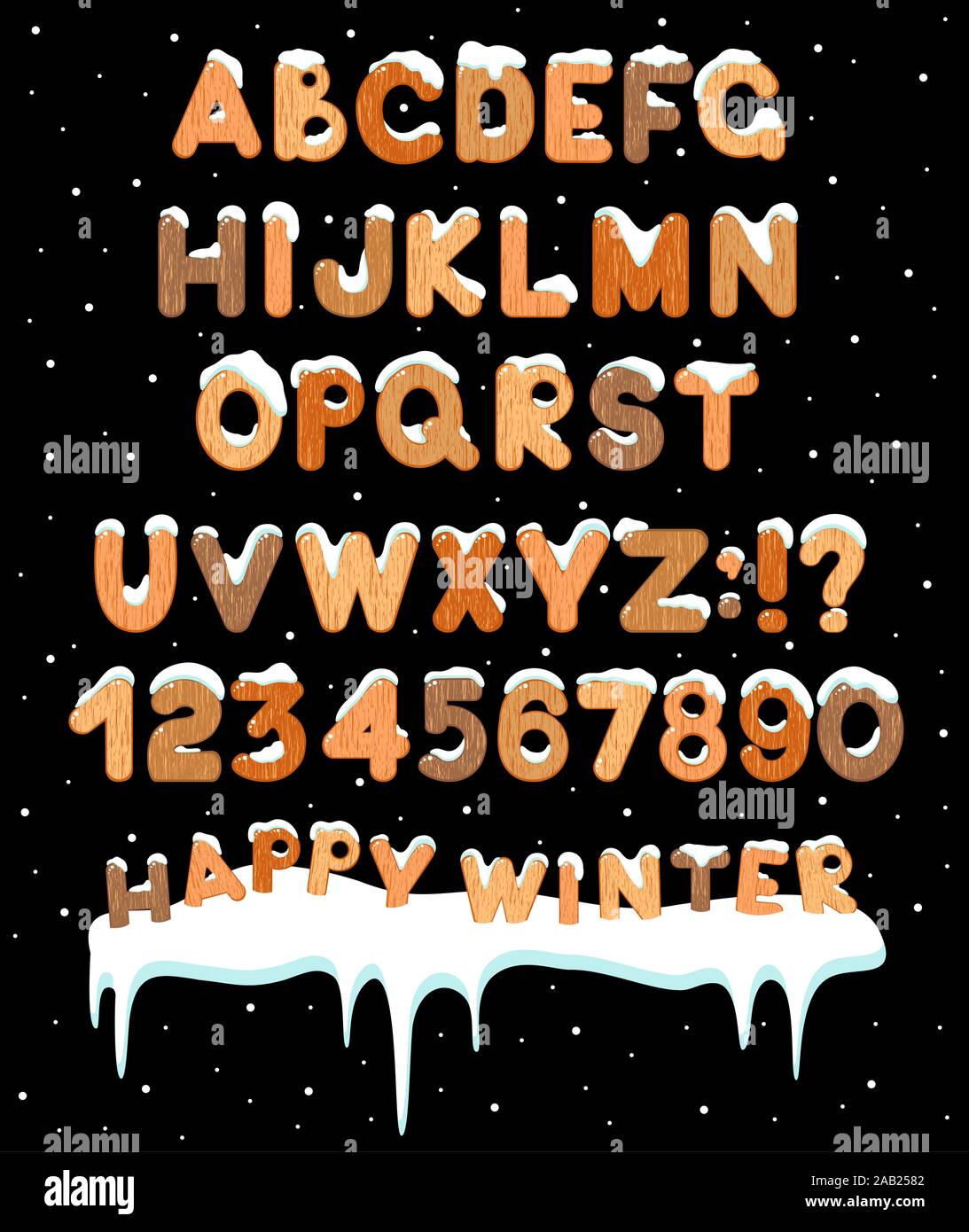 ABC serie di lettere latine, i numeri e i simboli con texture di legno e  tappi di neve. Cartoon infantile alfabeto con tappi di ghiaccio per Natale  e mari di inverno Immagine