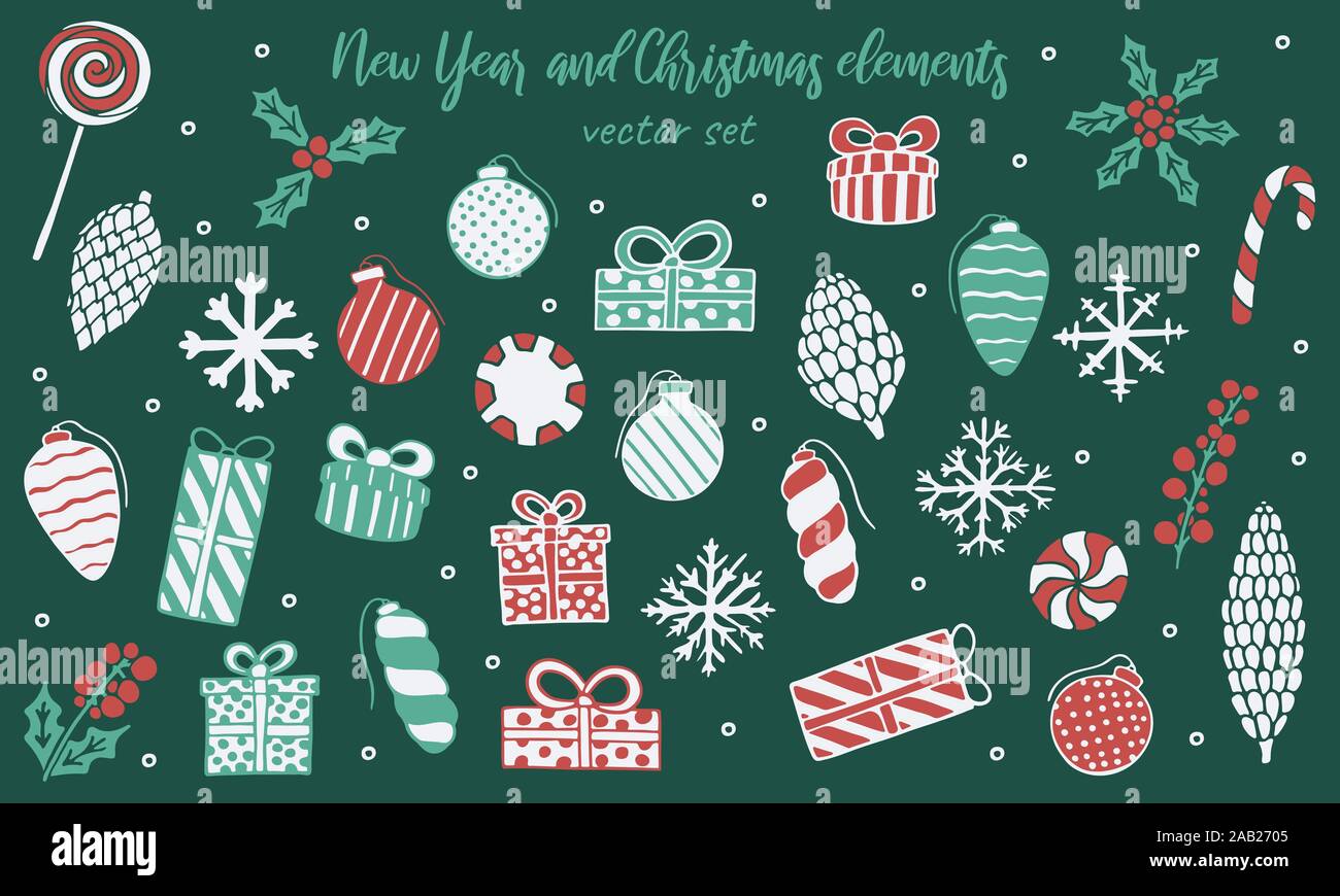 Vettore disegnati a mano grande set di Capodanno e Natale regalo, ornamento, candy, lecca-lecca, cono, il simbolo del fiocco di neve e holly berry. Design decorativo o elementi Illustrazione Vettoriale