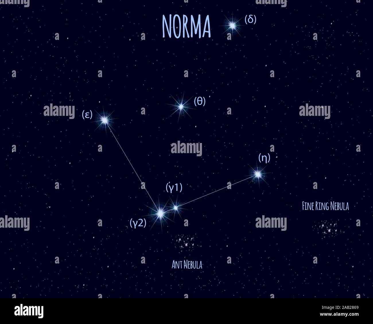 La norma (Set Square) costellazione, illustrazione vettoriale con stelle di base contro il cielo stellato Illustrazione Vettoriale