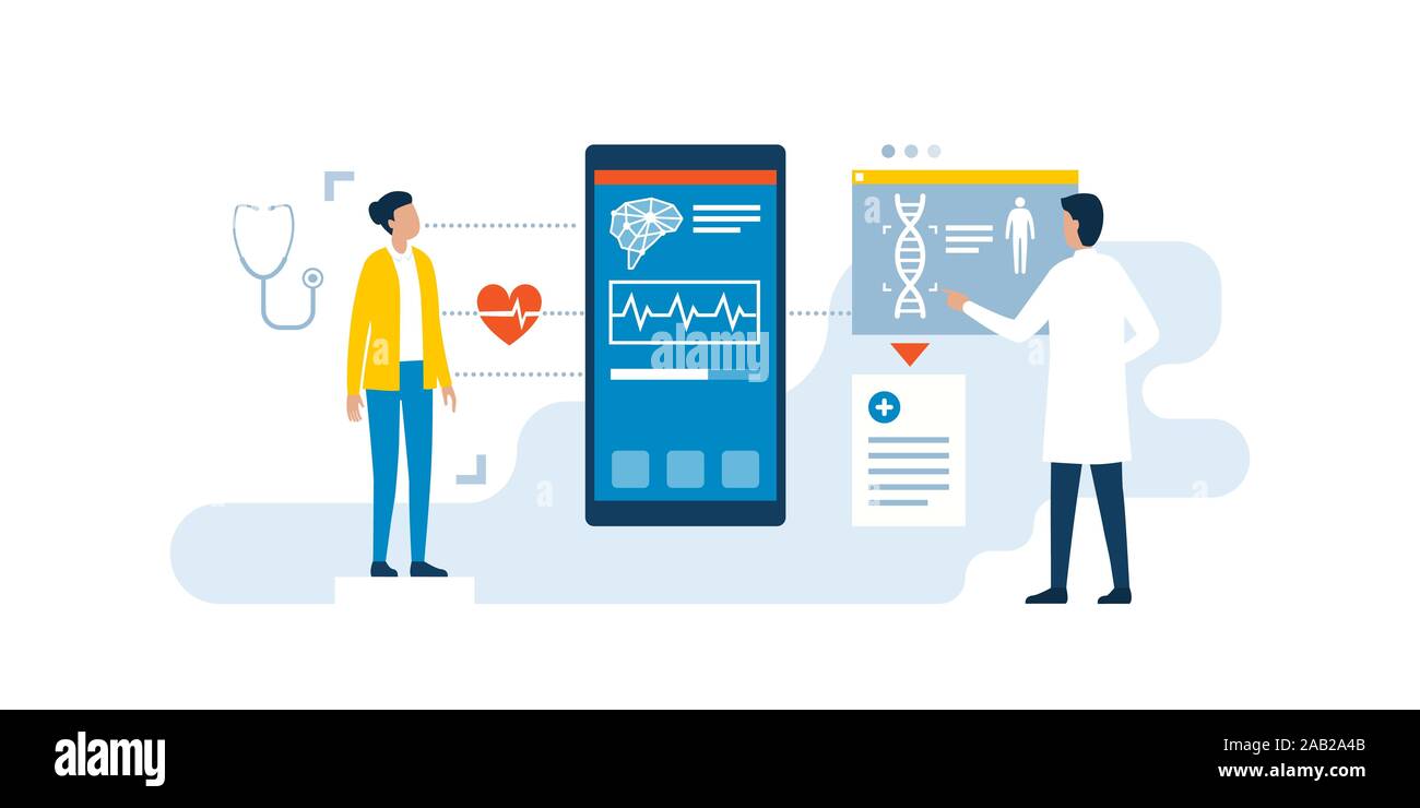 Medico utilizzando innovative applicazioni mediche di esaminare un paziente e per fornire una diagnosi, innovativo concetto di assistenza sanitaria Illustrazione Vettoriale