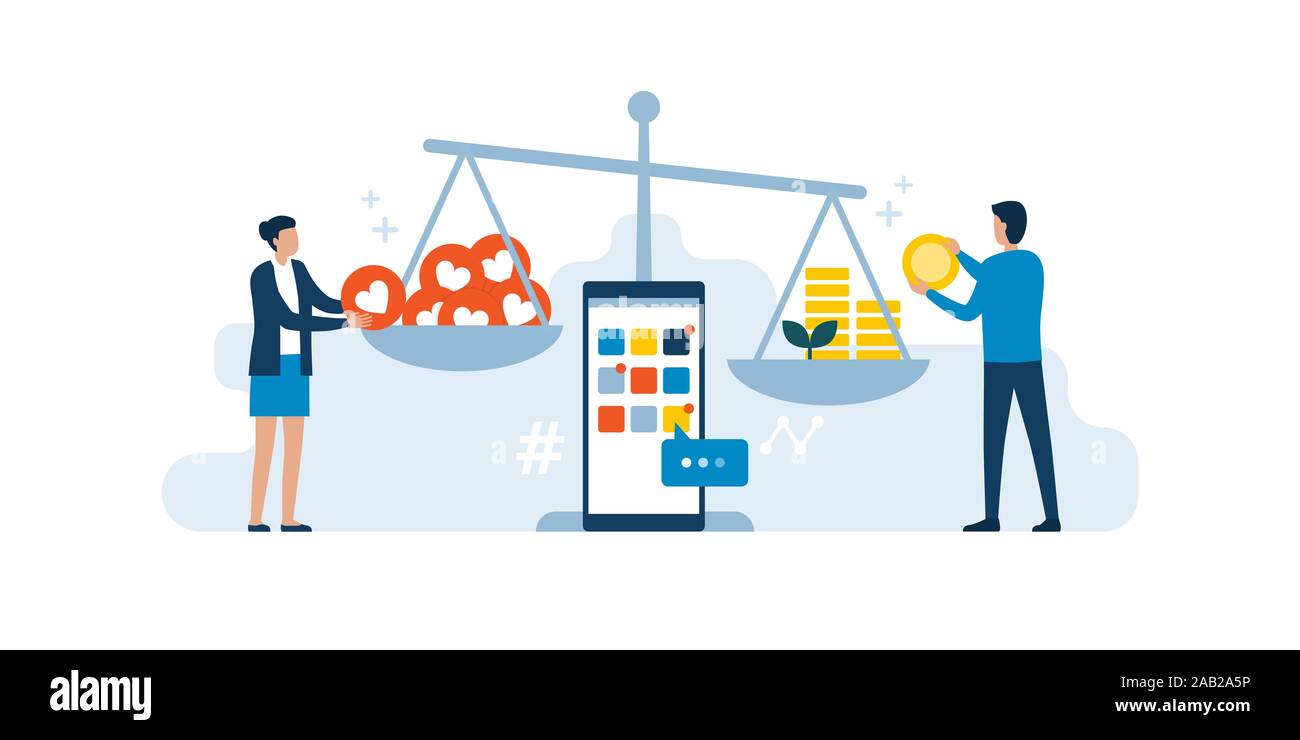 Social media influenzatori confrontando gli piace e guadagni su una scala, social media marketing concept Illustrazione Vettoriale