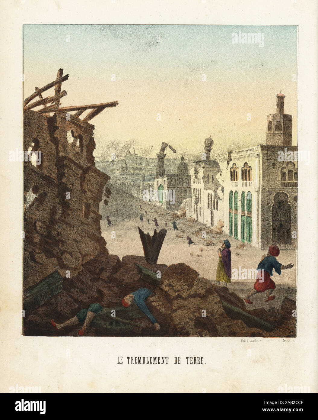 Le persone fuggite da un terremoto che sta distruggendo moschee e edifici della città di Costantinopoli (Istanbul), 1765. Corpi nel relitto. Le tremblement de terre. Litografia Handcolored da Emile Lemaitre ha da Munerelle's Les Phenomenes et Curiosites de la natura (fenomeni naturali e curiosità), Derivaux Libraire, Strasburgo, 1856. Foto Stock
