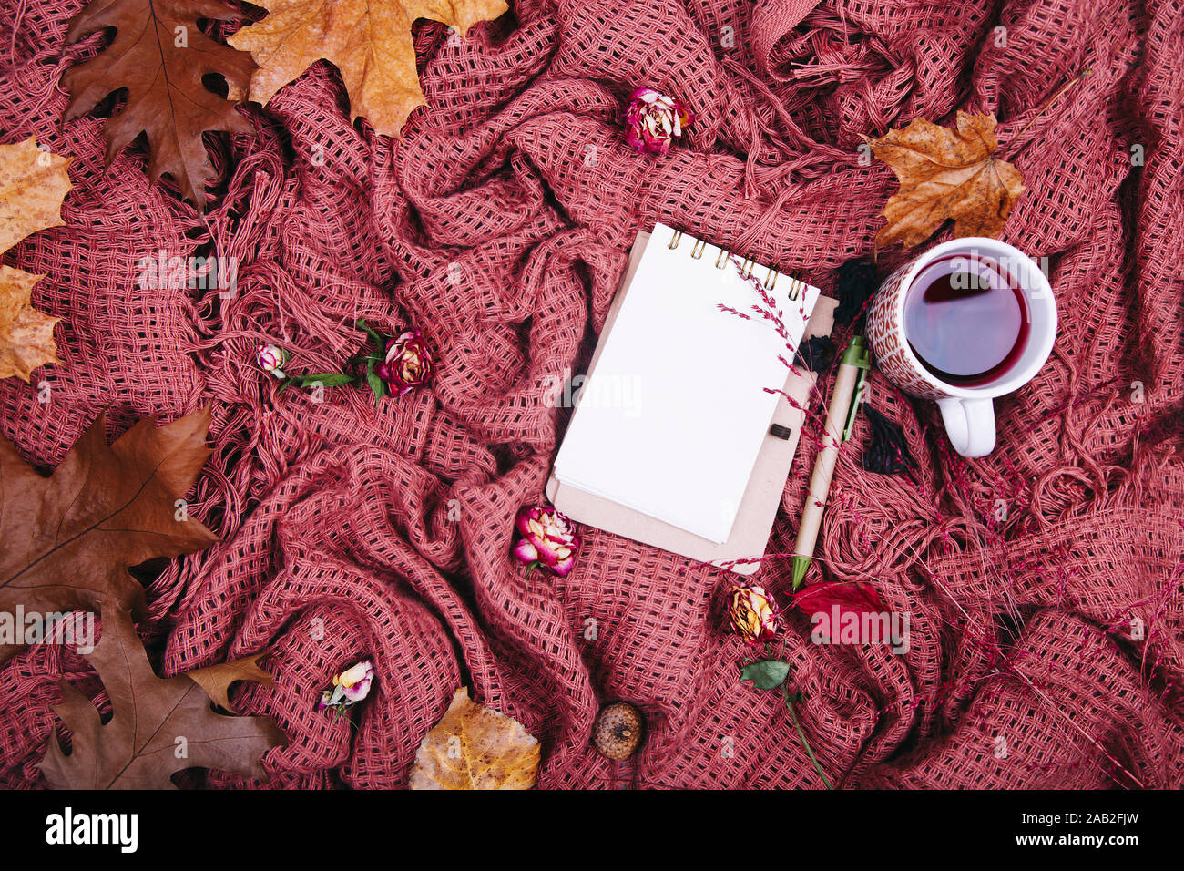 Composizione d'autunno. Tazza di tae, coperta, notebook con penna, rosa appassita. Appartamento laico, vista dall'alto, spazio di copia Foto Stock