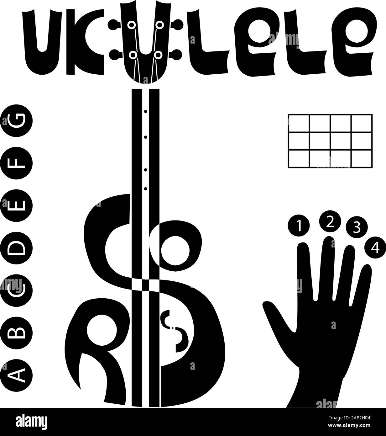 Le corde di Ukulele logo set. Mano, dito numeri, tavolo e lettere per le  corde. Caratteri della parola ukulele, corde e strumento. Chitarra hawaiana  Immagine e Vettoriale - Alamy