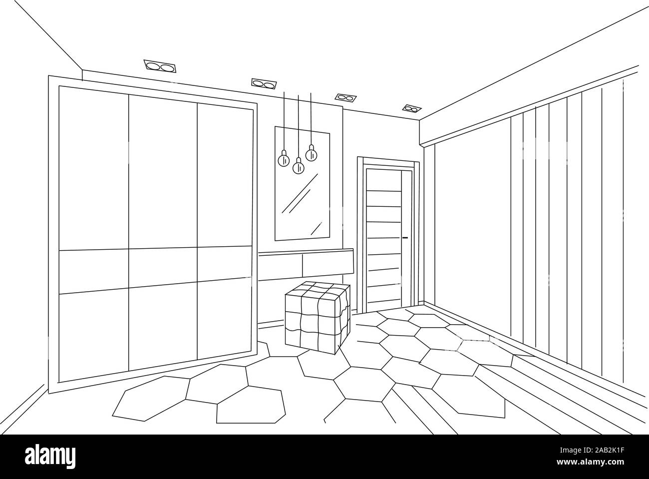 Tridimensionali di schizzo di una moderna camera da letto con armadio, specchio posto e ingresso. Lampade pendenti. Vettore di architettura Illustrazione Vettoriale Tridimensionali di schizzo di una moderna camera da letto con armadio, specchio posto e ingresso. Lampade pendenti. Vettore di architettura Illustrazione Vettoriale