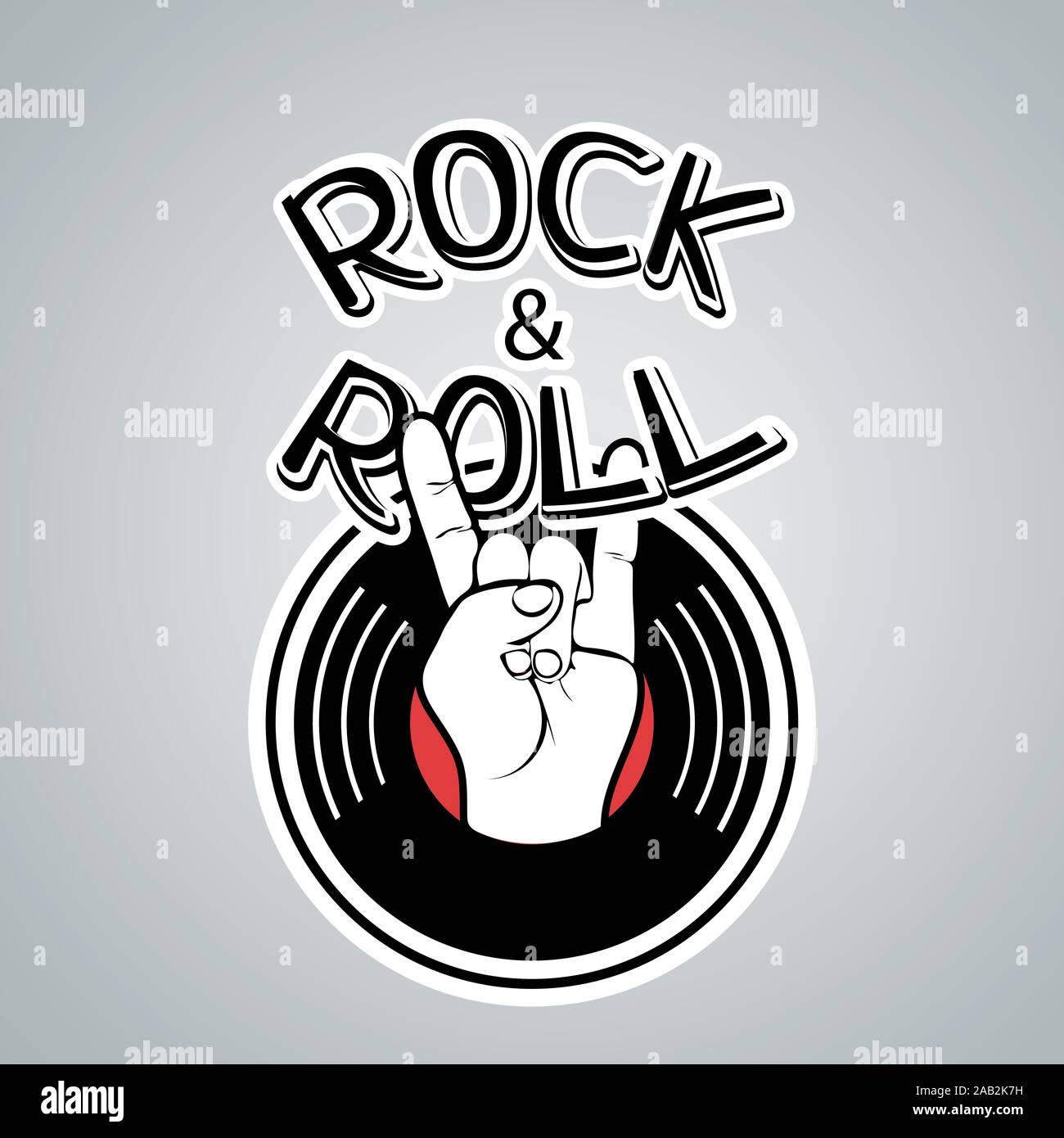 Rock and Roll logo, vintage icona musicale, cartoon del disegno a mano. Nero, rosso, bianco segno, il simbolo Mano gesto corna disco in vinile e lettere isolate su g Illustrazione Vettoriale