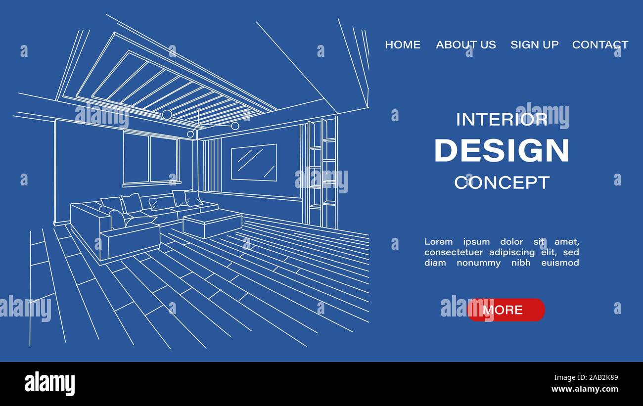 Concetto di design interno del modello di sito con blueprint schizzo di un soggiorno moderno. Vettore di architettura Illustrazione Vettoriale