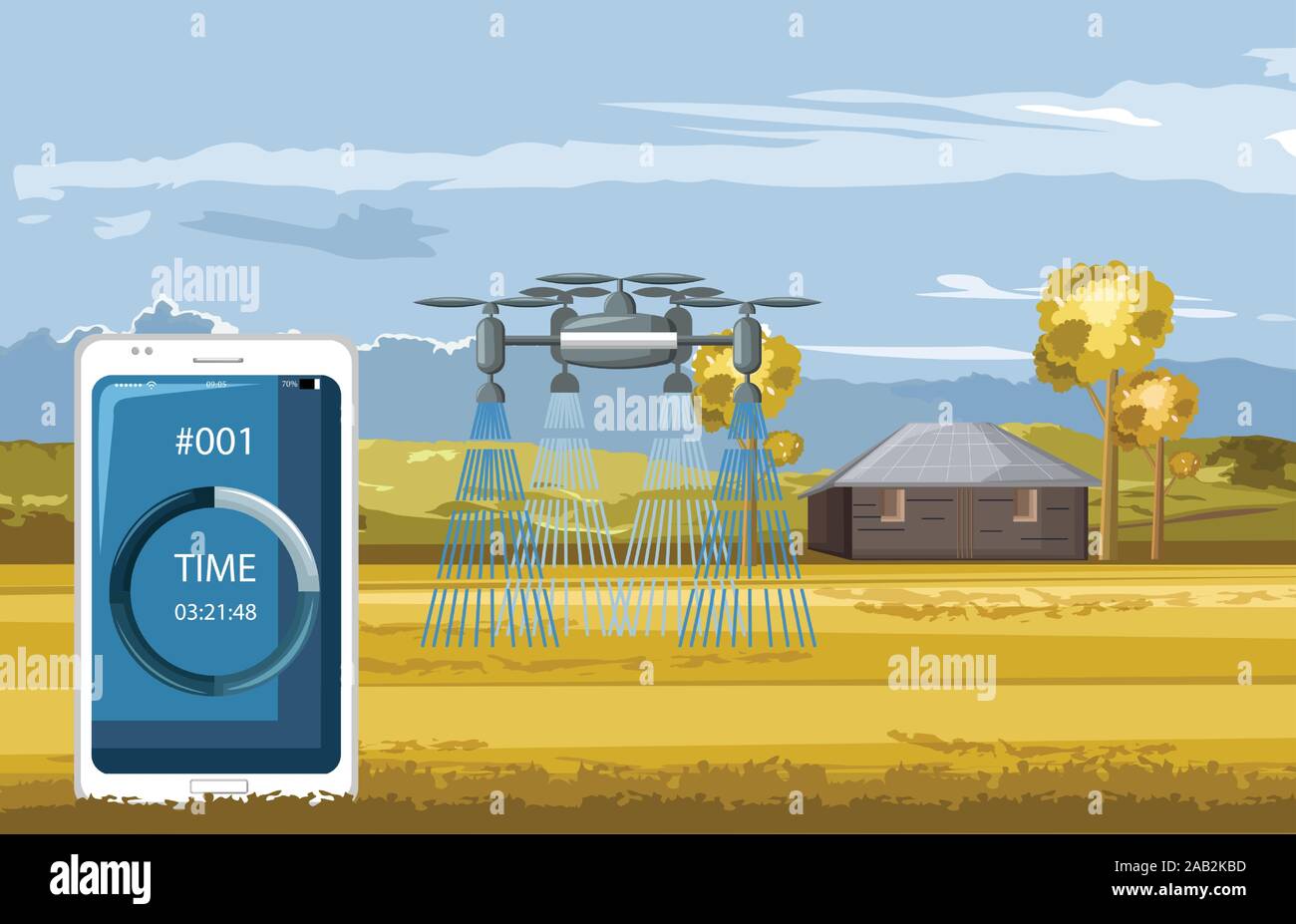 Grande drone comandato da smart phone per irrigare il campo nella stagione autunnale. Futuro dell'agricoltura idea. Vettore di tecnologia Illustrazione Vettoriale