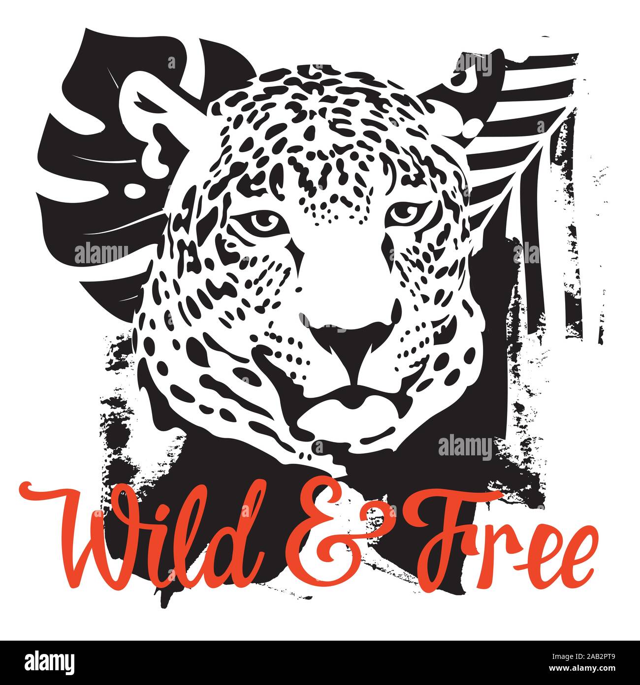 T-shirt e abbigliamento design con una testa di leopard, selvaggia e libera iscrizione calligrafico e foglie tropicali. Graphic concept tee Illustrazione Vettoriale