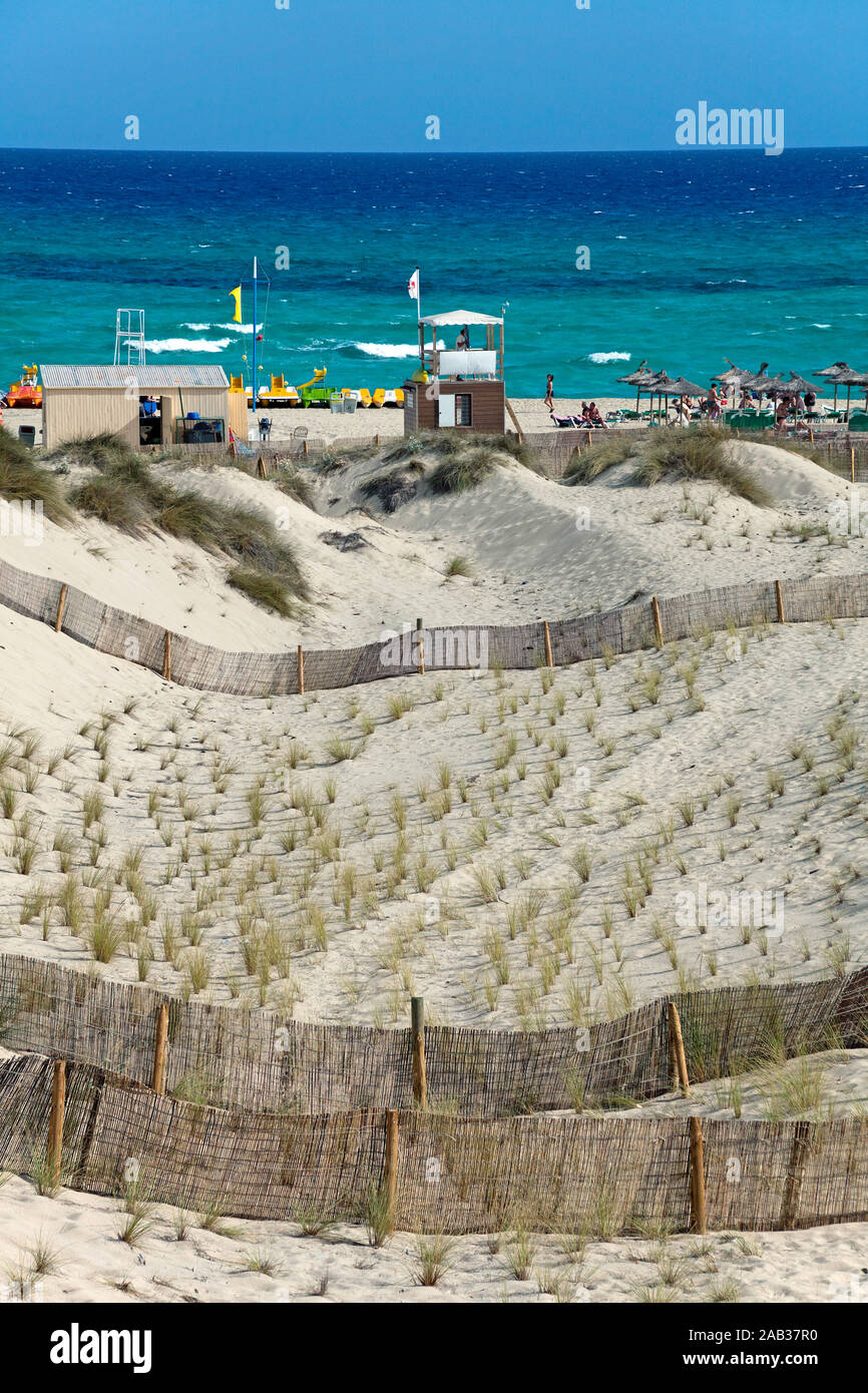 Area protetta con dune di erba, circondata da recinzione, area di conservazione a Cala Mesquida, Cala Ratjada, Maiorca, isole Baleari, Spagna Foto Stock